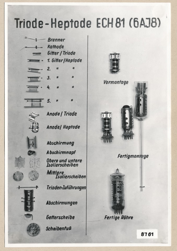 Miniatur-Röhre - Einzelteile ECH 81, Schaubild; Foto, 1953 (www.industriesalon.de CC BY-SA)