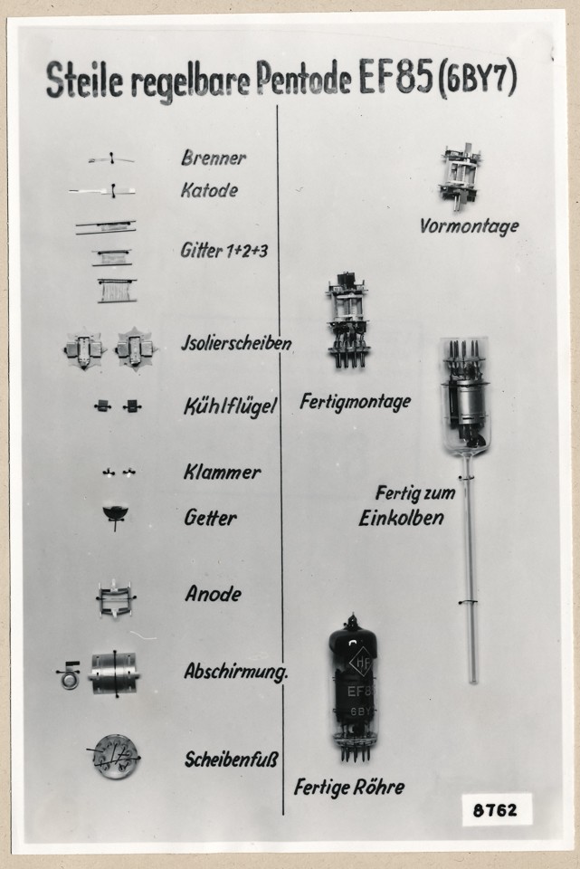 Miniatur-Röhre - Einzelteile EF 85, Schaubild; Foto, 1953 (www.industriesalon.de CC BY-SA)