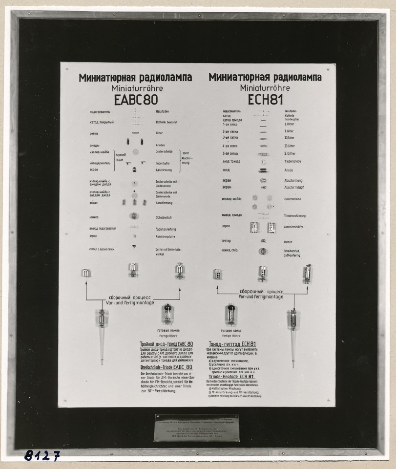 Miniaturröhren EABC 80 und ECH81 Informationstafel; Foto, 1953 (www.industriesalon.de CC BY-SA)