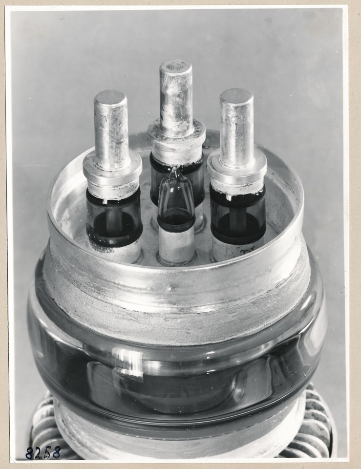 Sende-Triode HF 2958, Sockel von unten.; Foto, 1953 (www.industriesalon.de CC BY-SA)