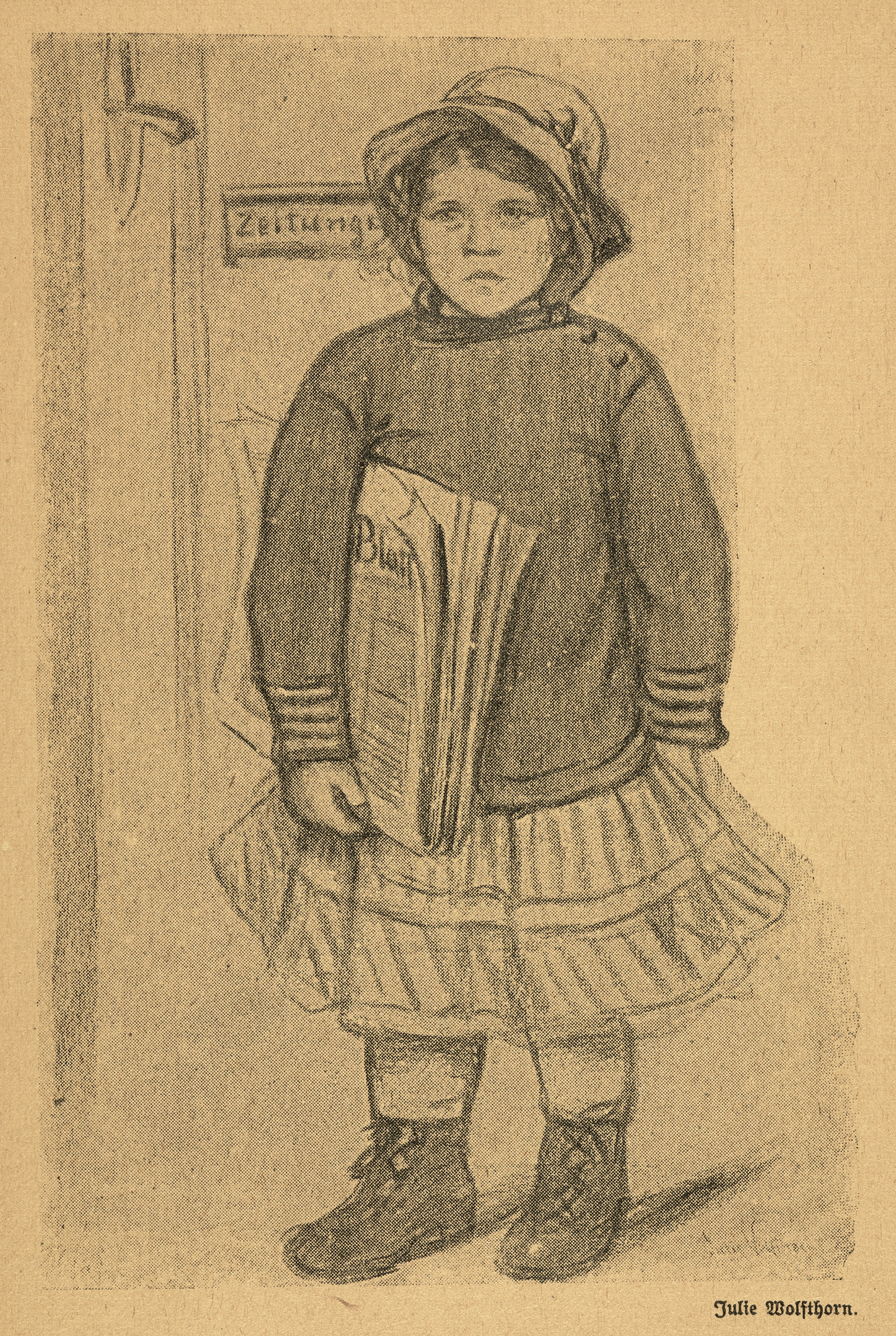 Wolfthorn, Julie: Meine Zeitungsfrau im Jahre 1915 (aus: Wachtfeuer) (Stiftung Stadtmuseum Berlin Public Domain Mark)