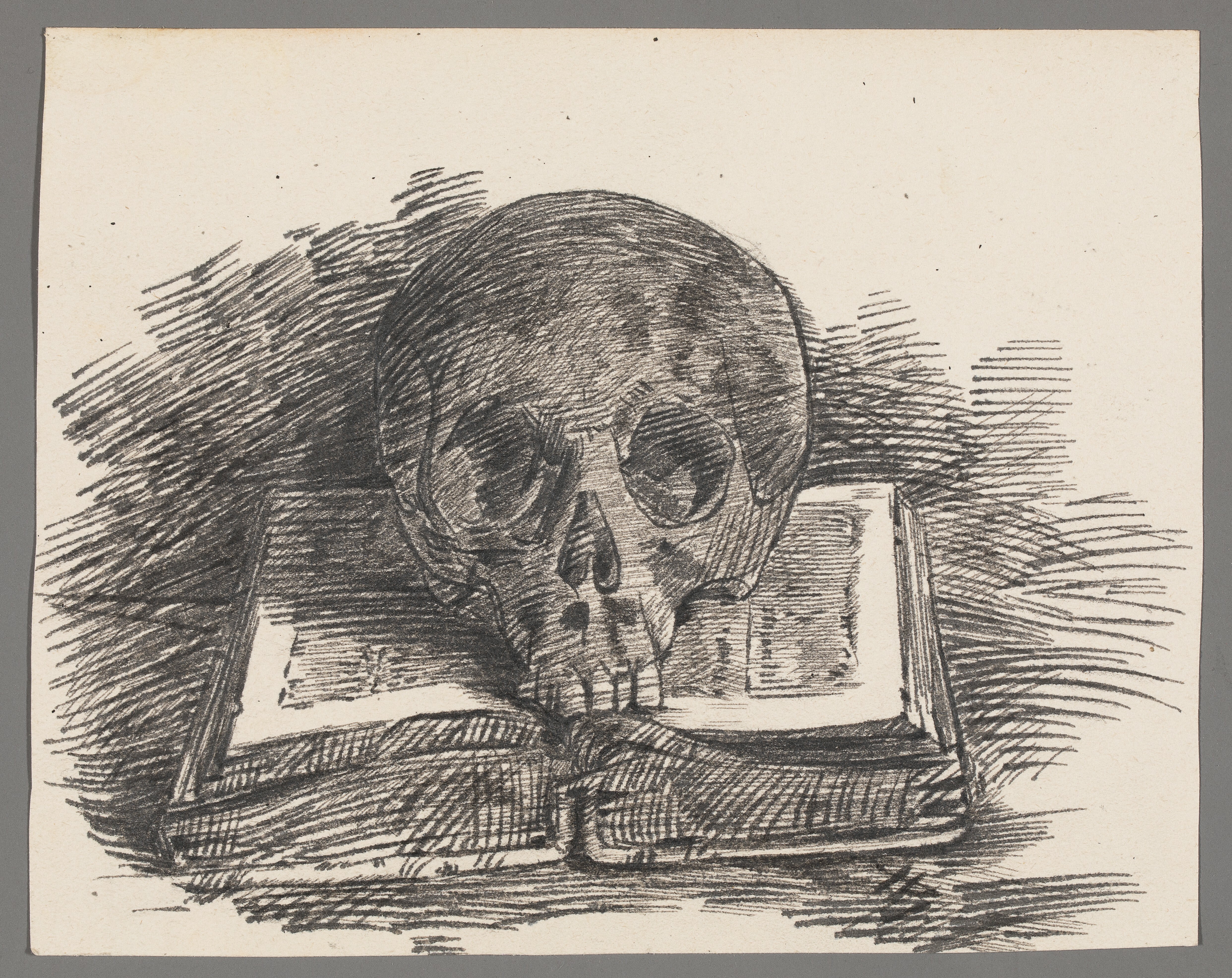 Busch, Hedwig: Totenschädel auf einem geöffneten Buch (Rs. Pflanzenstudie) (Stiftung Stadtmuseum Berlin Public Domain Mark)