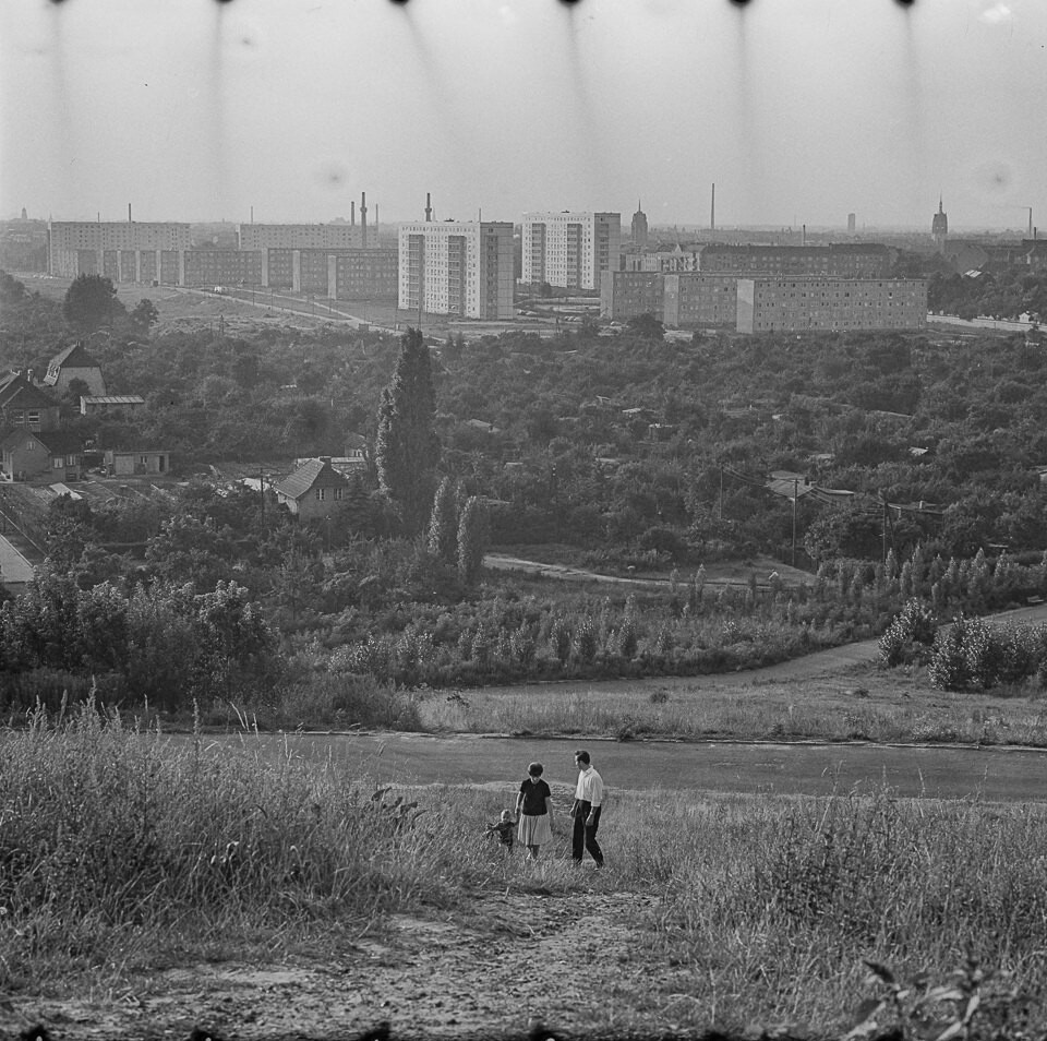 Blick vom Volkspark Prenzlauer Park auf Neubauten an der Storkower Straße, 1970er Jahre. SW-Foto © Kurt Schwarz. (Kurt Schwarz CC BY-NC-SA)