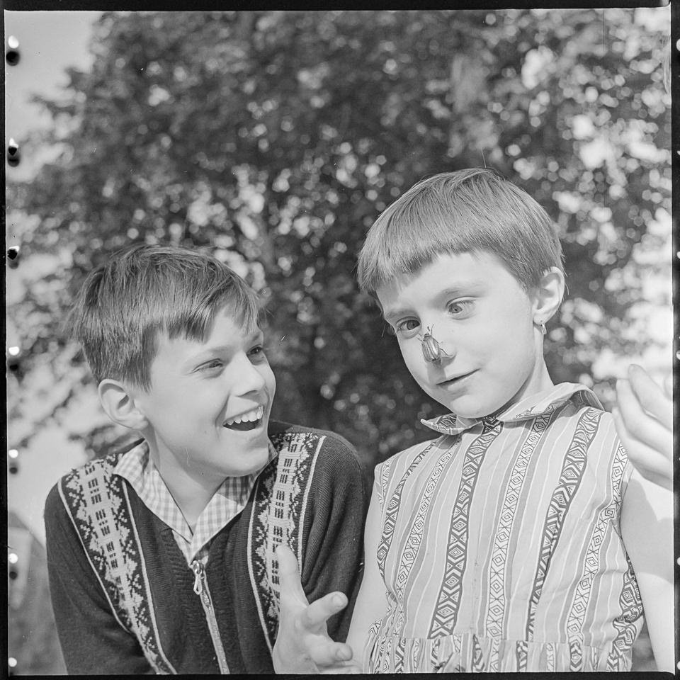 Mädchen schielt auf einen Maikäfer auf seiner Nase, 1964. SW-Foto © Kurt Schwarz. (Kurt Schwarz CC BY-NC-SA)