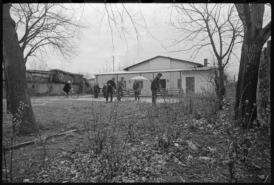 Laubenkolonie Oberschöneweide, Bild 2: Gemeinschaftsarbeit im Frühjahr am Vereinshaus. SW-Foto, April 1972 © Kurt Schwarz. (Kurt Schwarz CC BY-NC-SA)