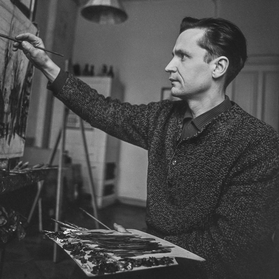 Der Maler Konrad Knebel an der Staffelei, Februar 1967. SW-Foto © Kurt Schwarz. (Kurt Schwarz CC BY-NC-SA)