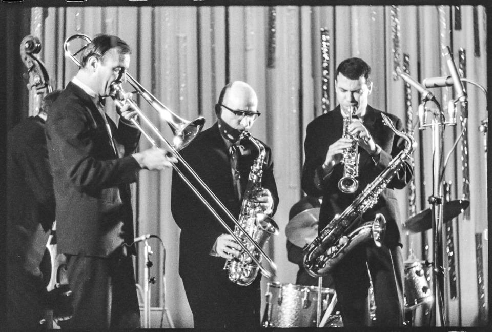 Albert-Mangelsdorff-Quintet bei Auftritt in Ostberlin, September 1964. SW-Foto © Kurt Schwarz. (Kurt Schwarz CC BY-NC-SA)
