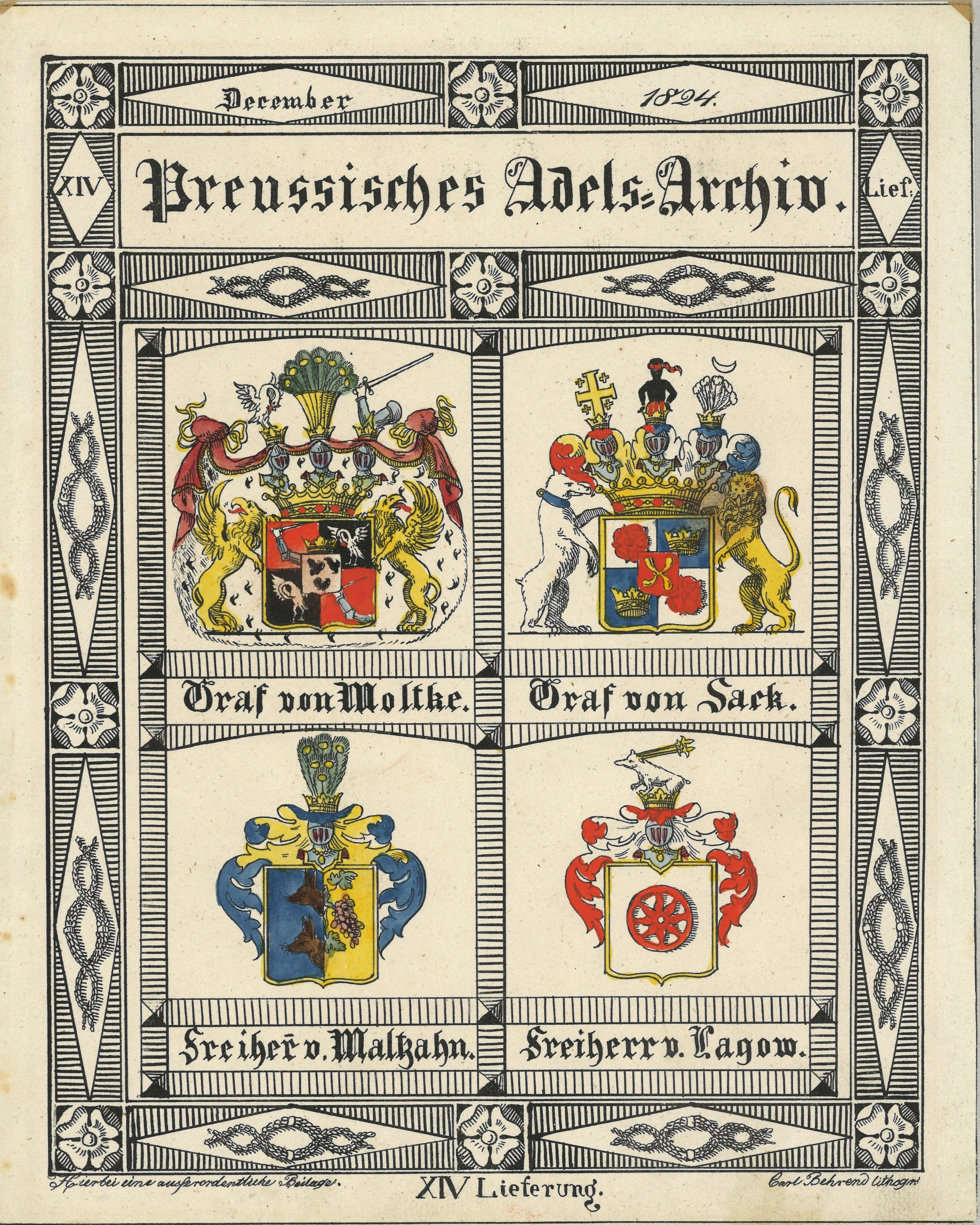 Vier Wappen preußischer Adelsfamilien: Frhr. von Lagow, Frhr. von Maltzahn, Graf von Moltke, Graf von Sack (Landesgeschichtliche Vereinigung für die Mark Brandenburg e.V., Archiv CC BY)