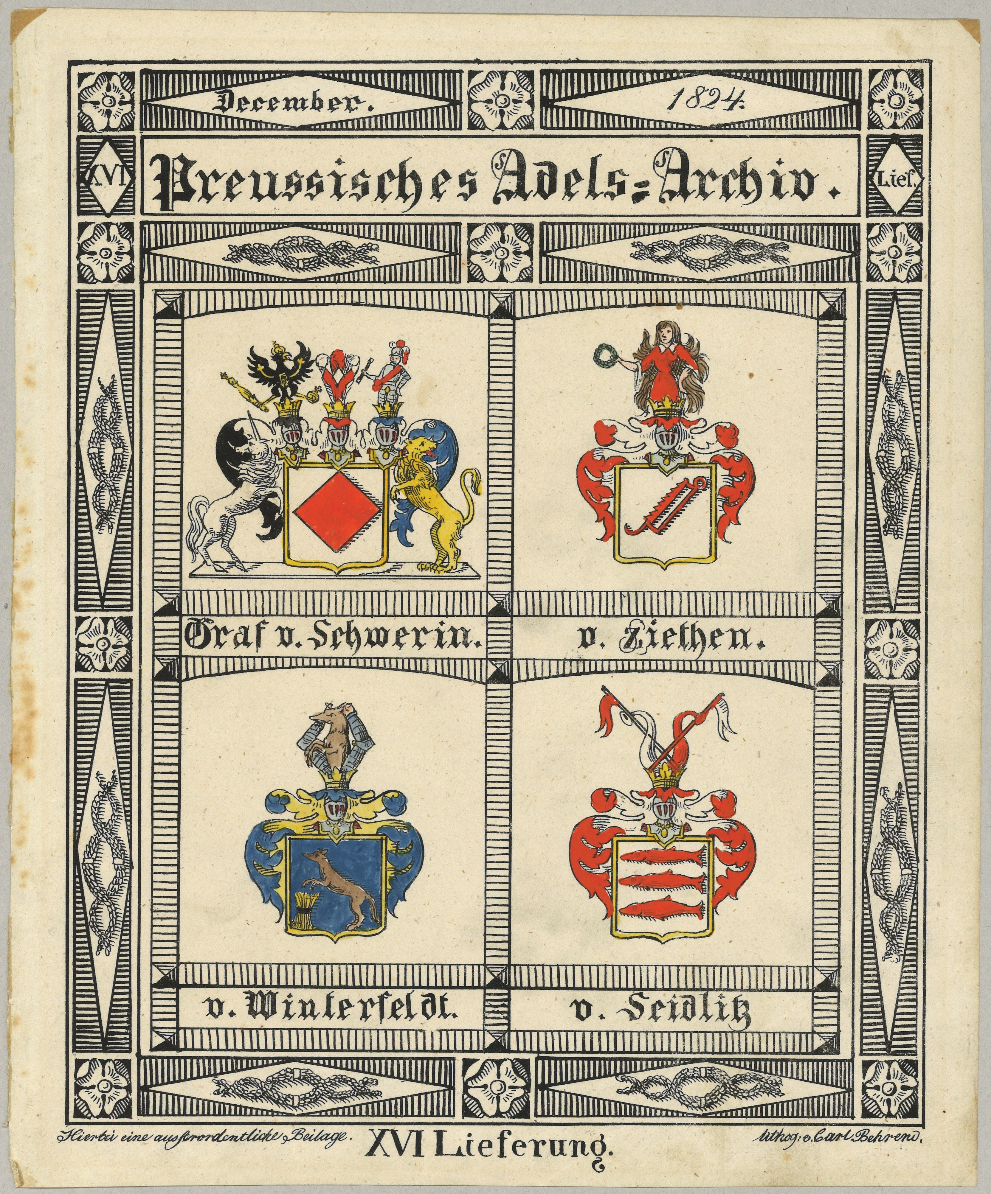 Vier Wappen preußischer Adelsfamilien: Graf von Schwerin, von Seydlitz, von Winterfeldt, von Zieten (Landesgeschichtliche Vereinigung für die Mark Brandenburg e.V., Archiv CC BY)