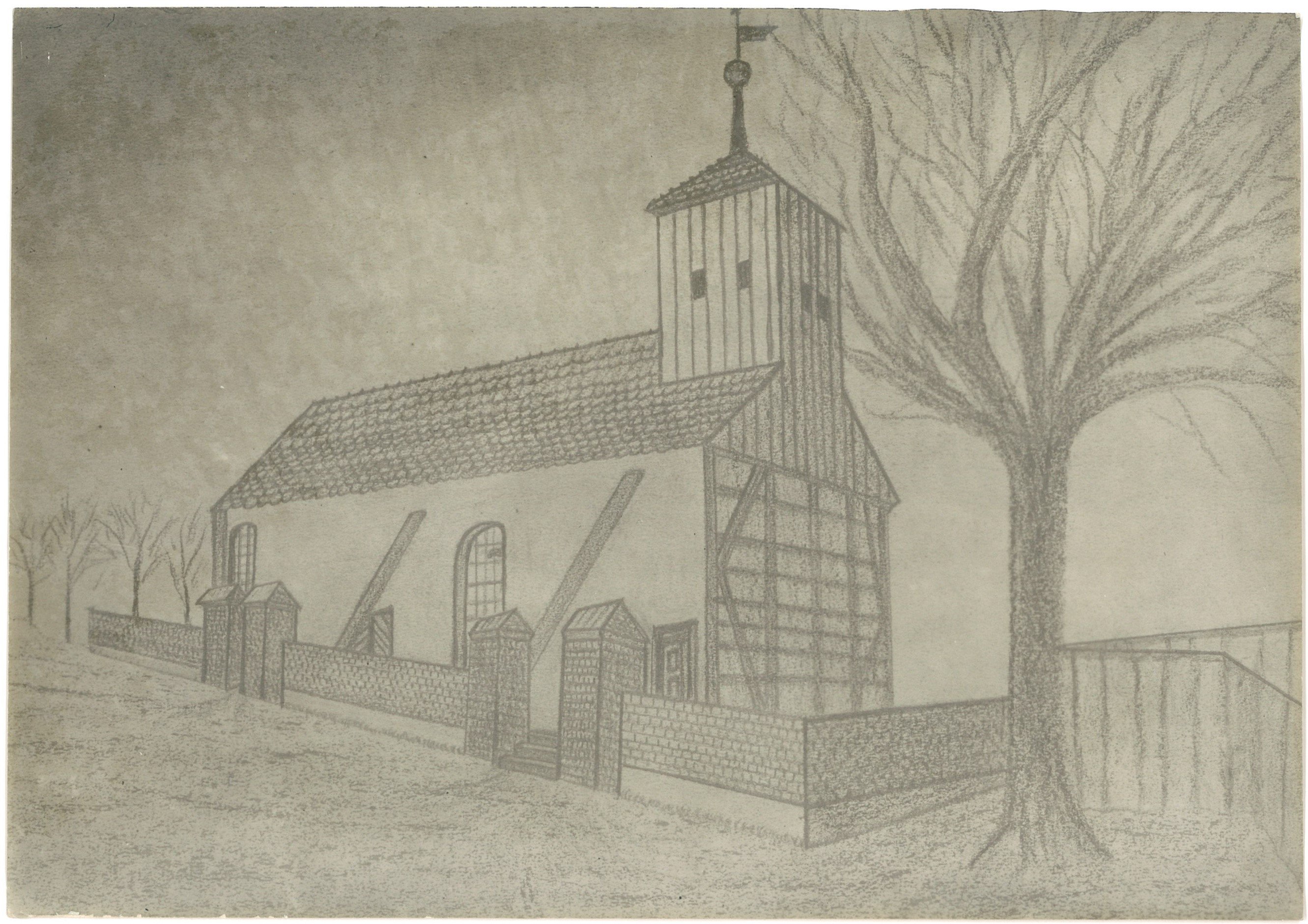 Niebel (Kr. Zauch-Belzig): Alte Dorfkirche von Nordwesten (Zeichnung) (Landesgeschichtliche Vereinigung für die Mark Brandenburg e.V., Archiv CC BY)