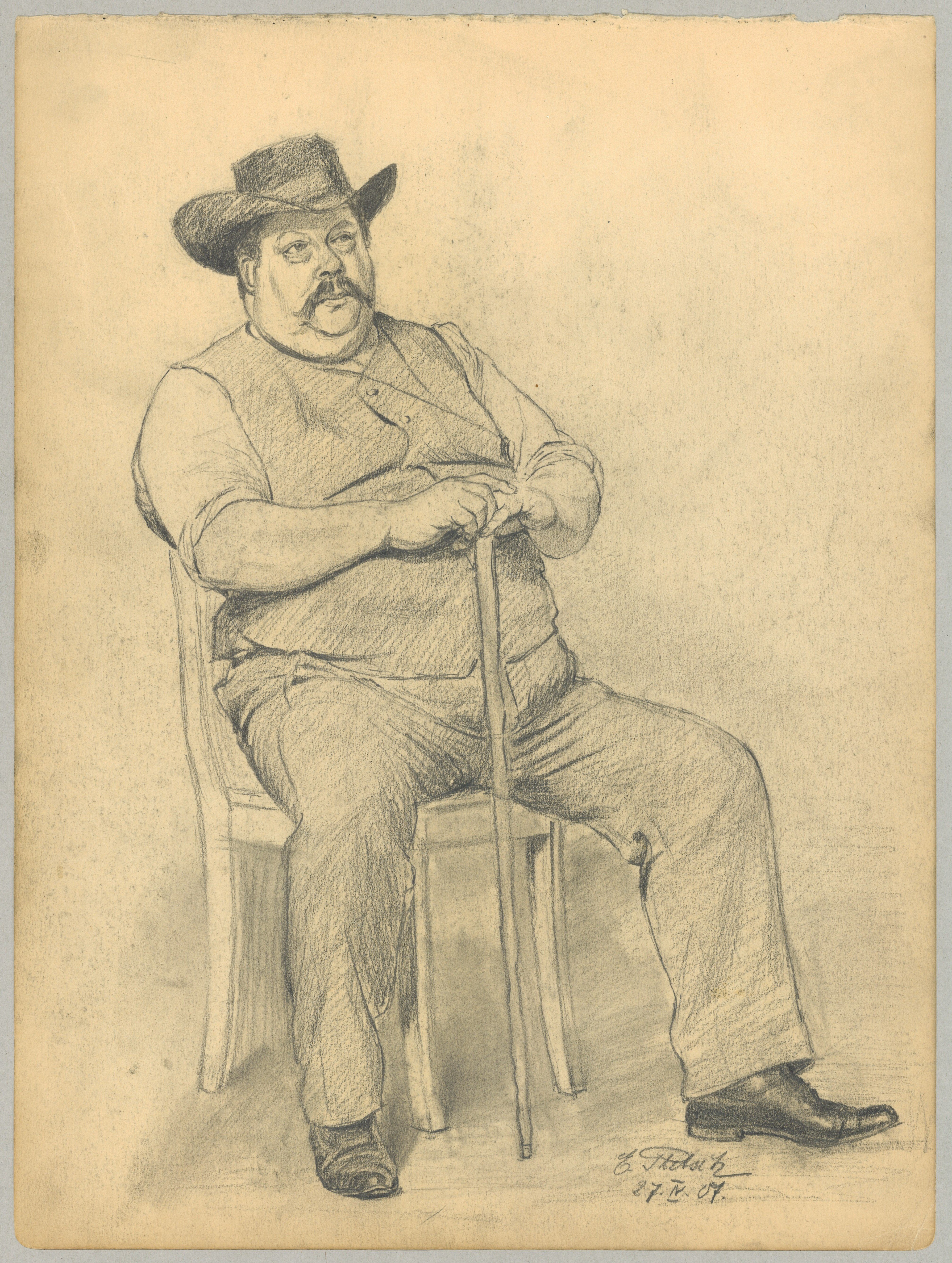 Unbekannter sitzender Mann mit Stock und Hut (Landesgeschichtliche Vereinigung für die Mark Brandenburg e.V., Archiv CC BY)
