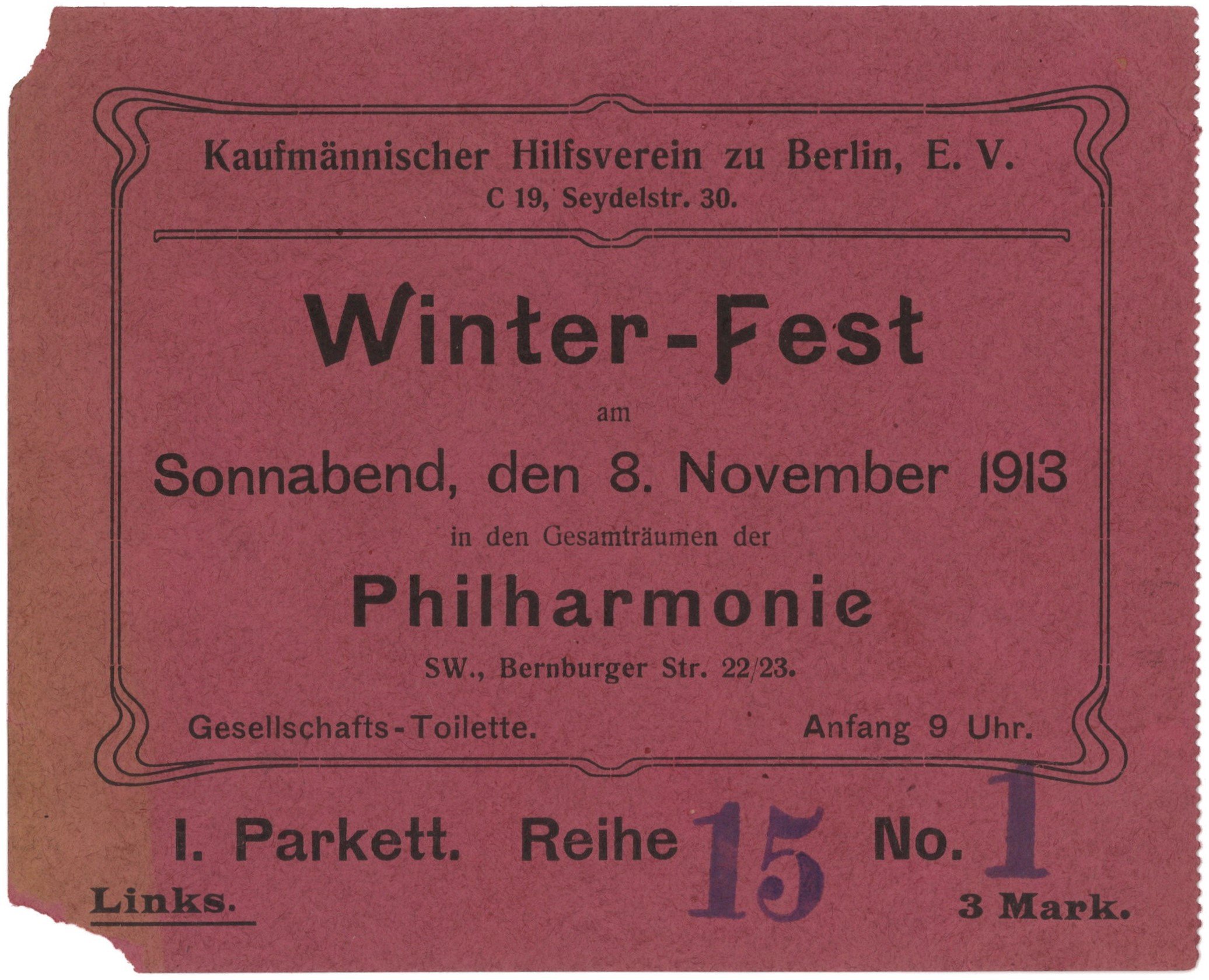 Berlin-Kreuzberg: Philharmonie: Winterfest des Kaufmännischen Hilfsvereins zu Berlin 1913 (Landesgeschichtliche Vereinigung für die Mark Brandenburg e.V., Archiv CC BY)