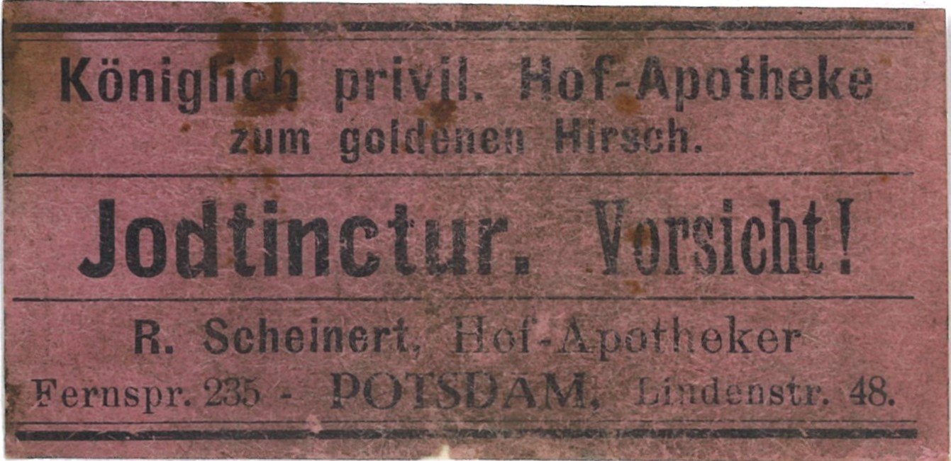 Potsdam, Apotheke zum goldenen Hirsch: Iodtinktur (Landesgeschichtliche Vereinigung für die Mark Brandenburg e.V., Archiv CC BY)