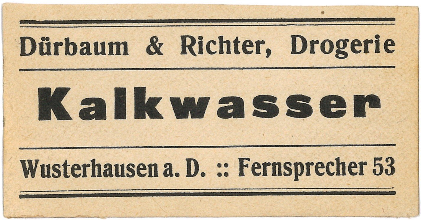 Wusterhausen/Dosse, Drogerie Dürbaum & Richter: Kalkwasser (Landesgeschichtliche Vereinigung für die Mark Brandenburg e.V., Archiv CC BY)