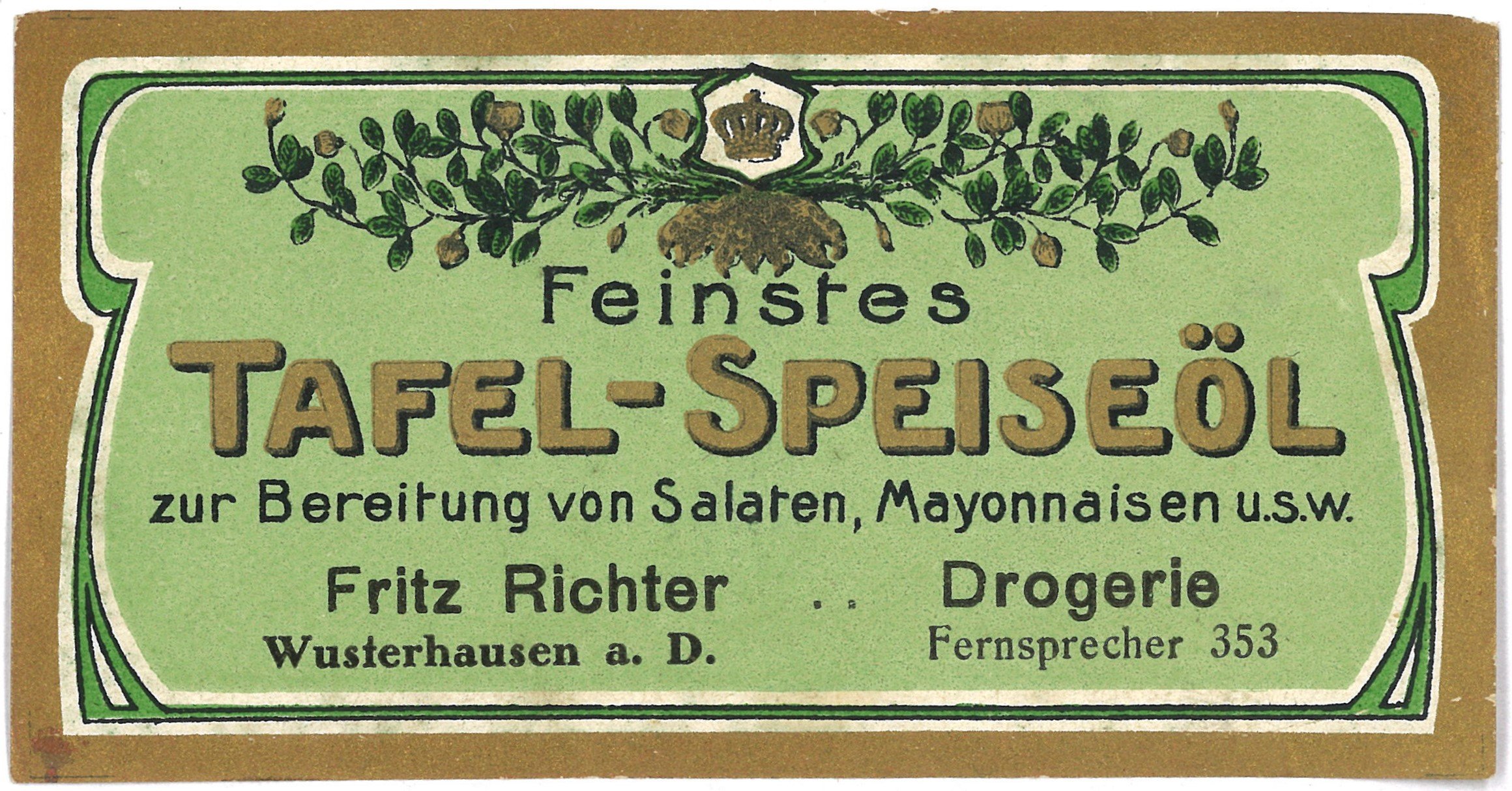 Wusterhausen/Dosse, Drogerie Fritz Richter: Tafel-Speiseöl (Landesgeschichtliche Vereinigung für die Mark Brandenburg e.V., Archiv CC BY)