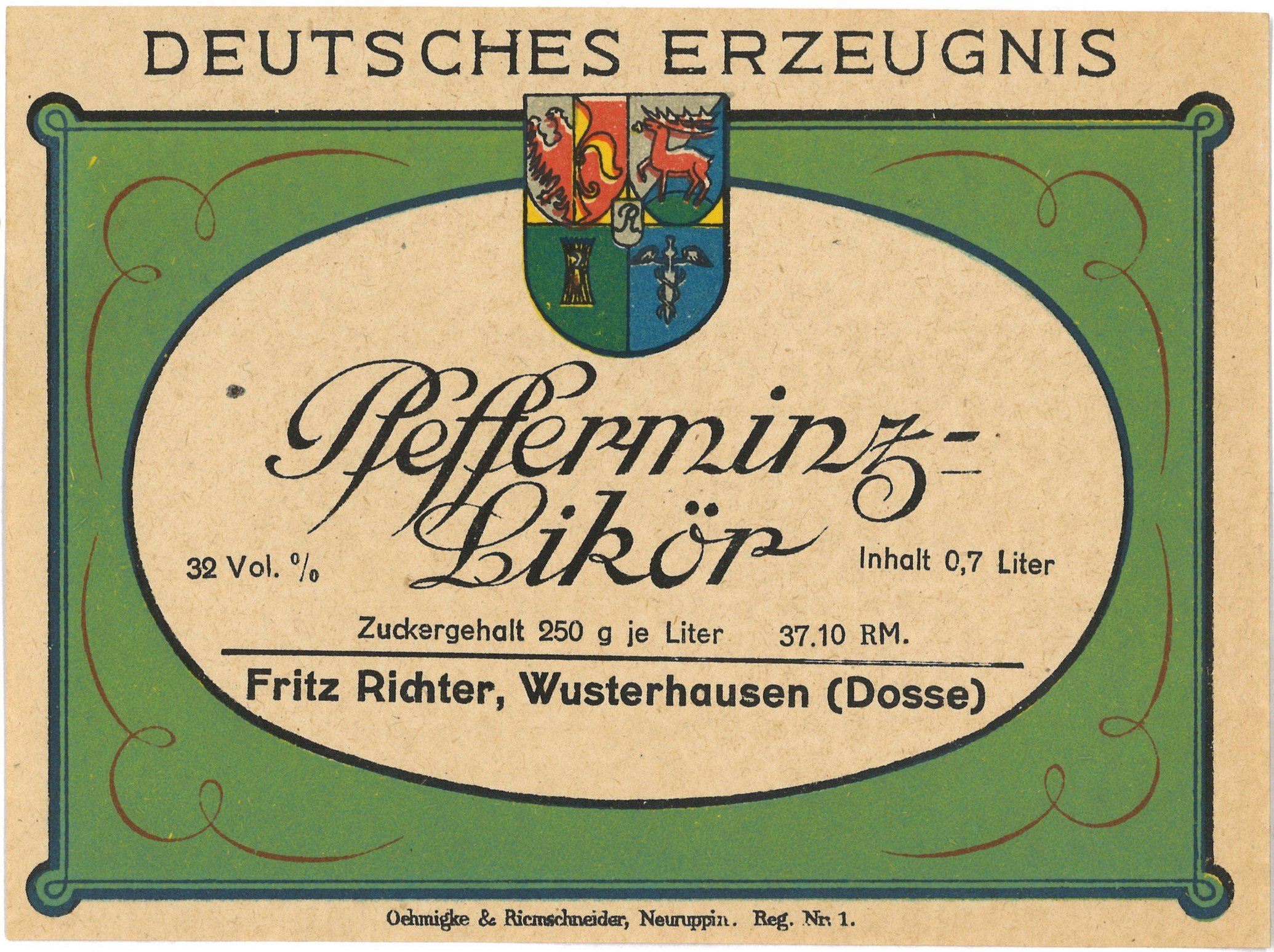 Wusterhausen/Dosse, Drogerie Fritz Richter: Pfefferminz-Likör (Landesgeschichtliche Vereinigung für die Mark Brandenburg e.V., Archiv CC BY)