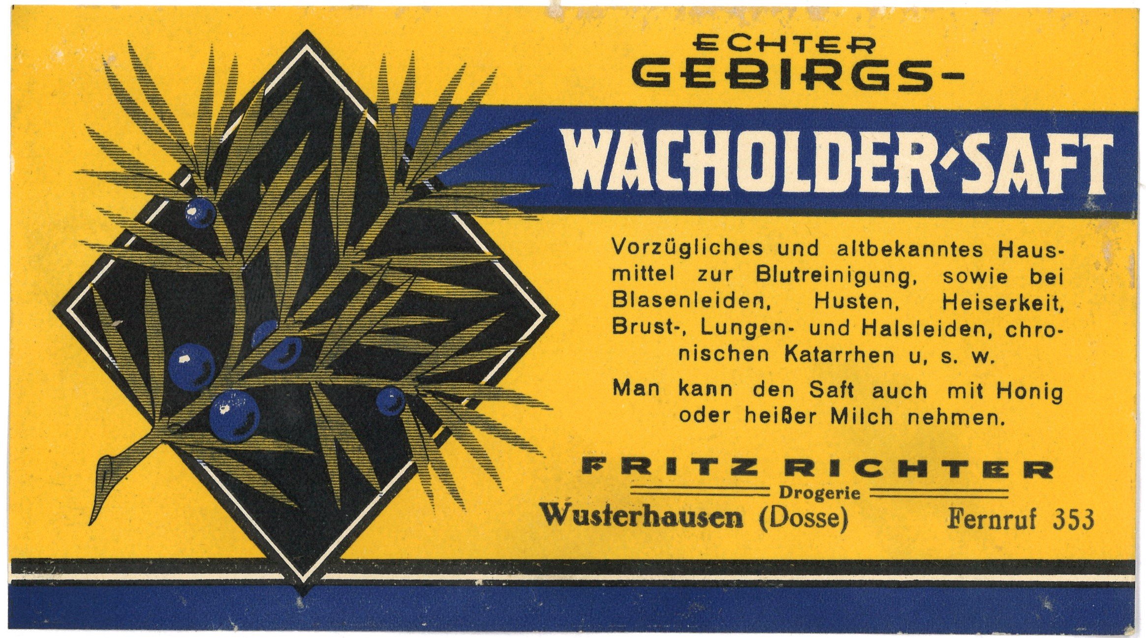 Wusterhausen/Dosse, Drogerie Fritz Richter: Wacholder-Saft (Landesgeschichtliche Vereinigung für die Mark Brandenburg e.V., Archiv CC BY)