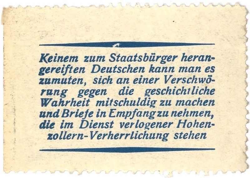 Ablehnung brieflicher "Hohenzollern-Verherrlichung" (Landesgeschichtliche Vereinigung für die Mark Brandenburg e.V., Archiv CC BY)