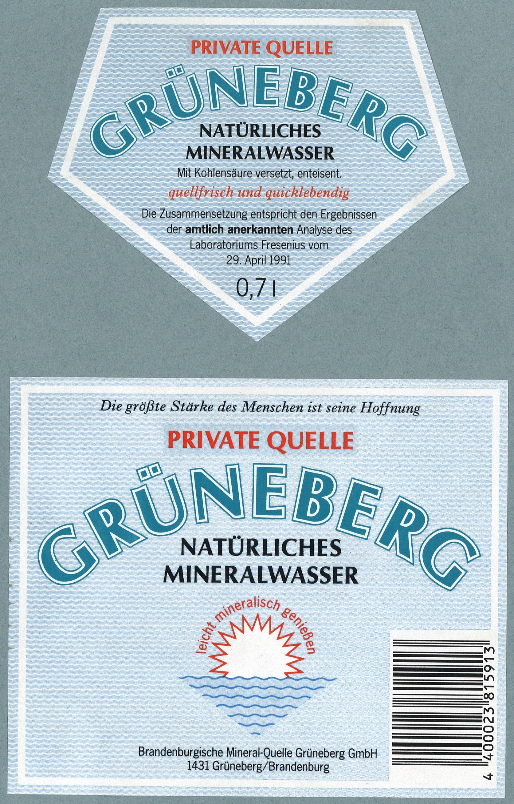 Grüneberg, Brandenburgische Mineral-Quelle GmbH: Mineralwasser "Grüneberg" (Landesgeschichtliche Vereinigung für die Mark Brandenburg e.V., Archiv CC BY)
