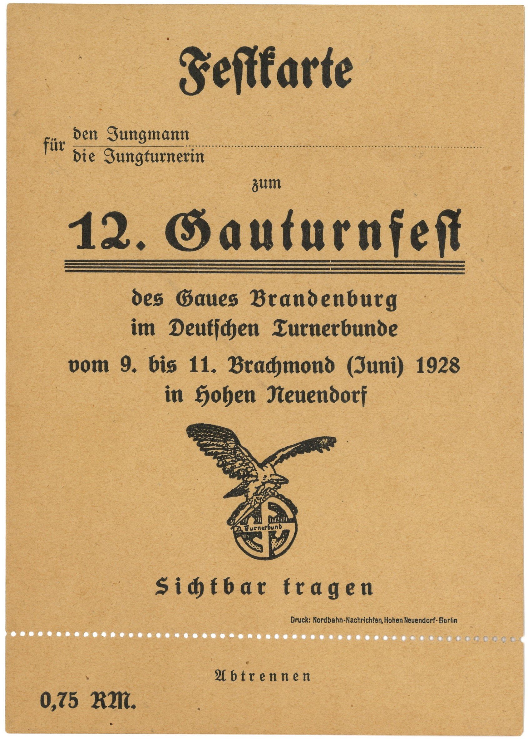 Hohen Neuendorf, 12. Gauturnfest 1928: Festkarte (Landesgeschichtliche Vereinigung für die Mark Brandenburg e.V., Archiv CC BY)