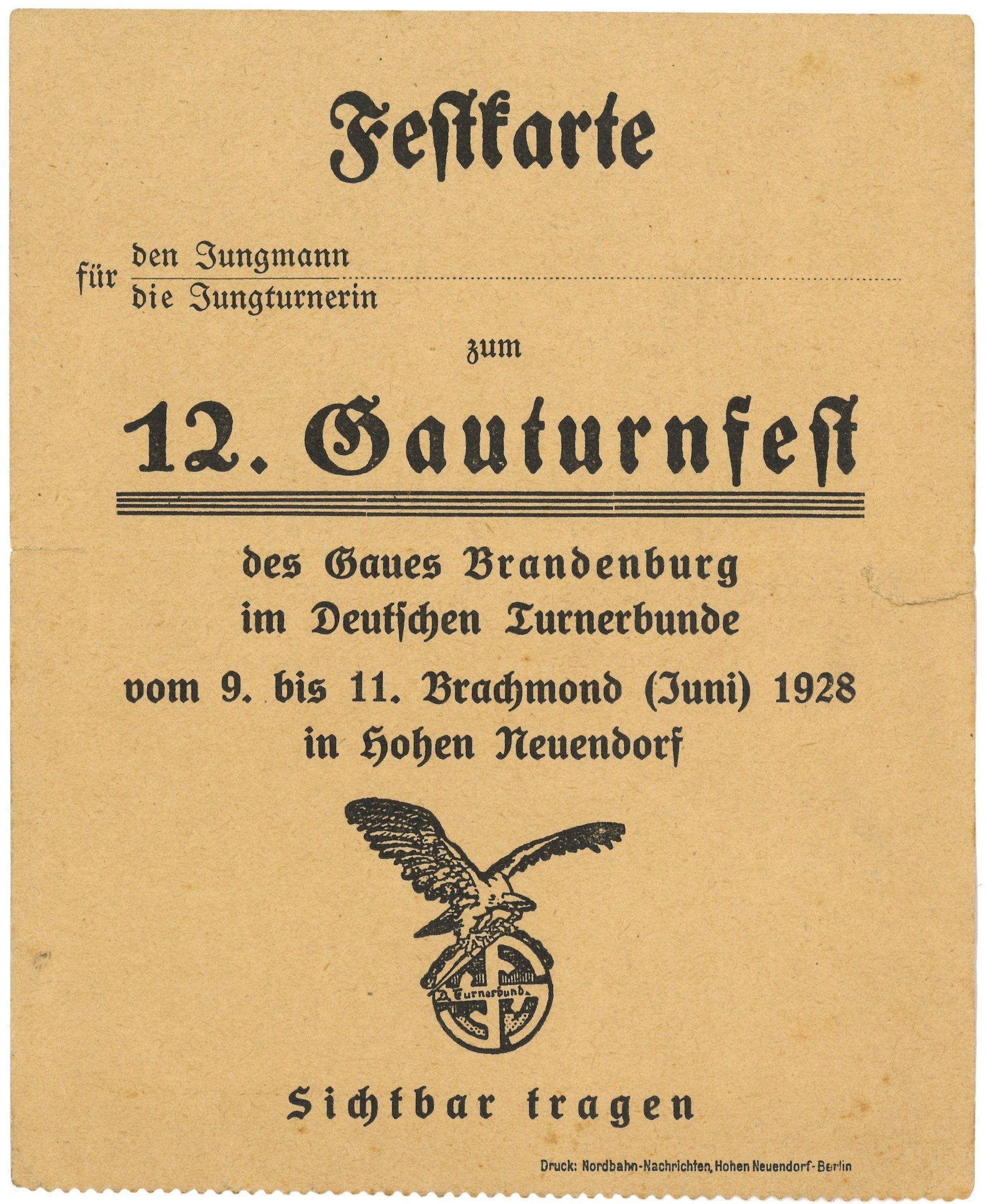 Hohen Neuendorf, 12. Gauturnfest 1928: Festkarte (Landesgeschichtliche Vereinigung für die Mark Brandenburg e.V., Archiv CC BY)