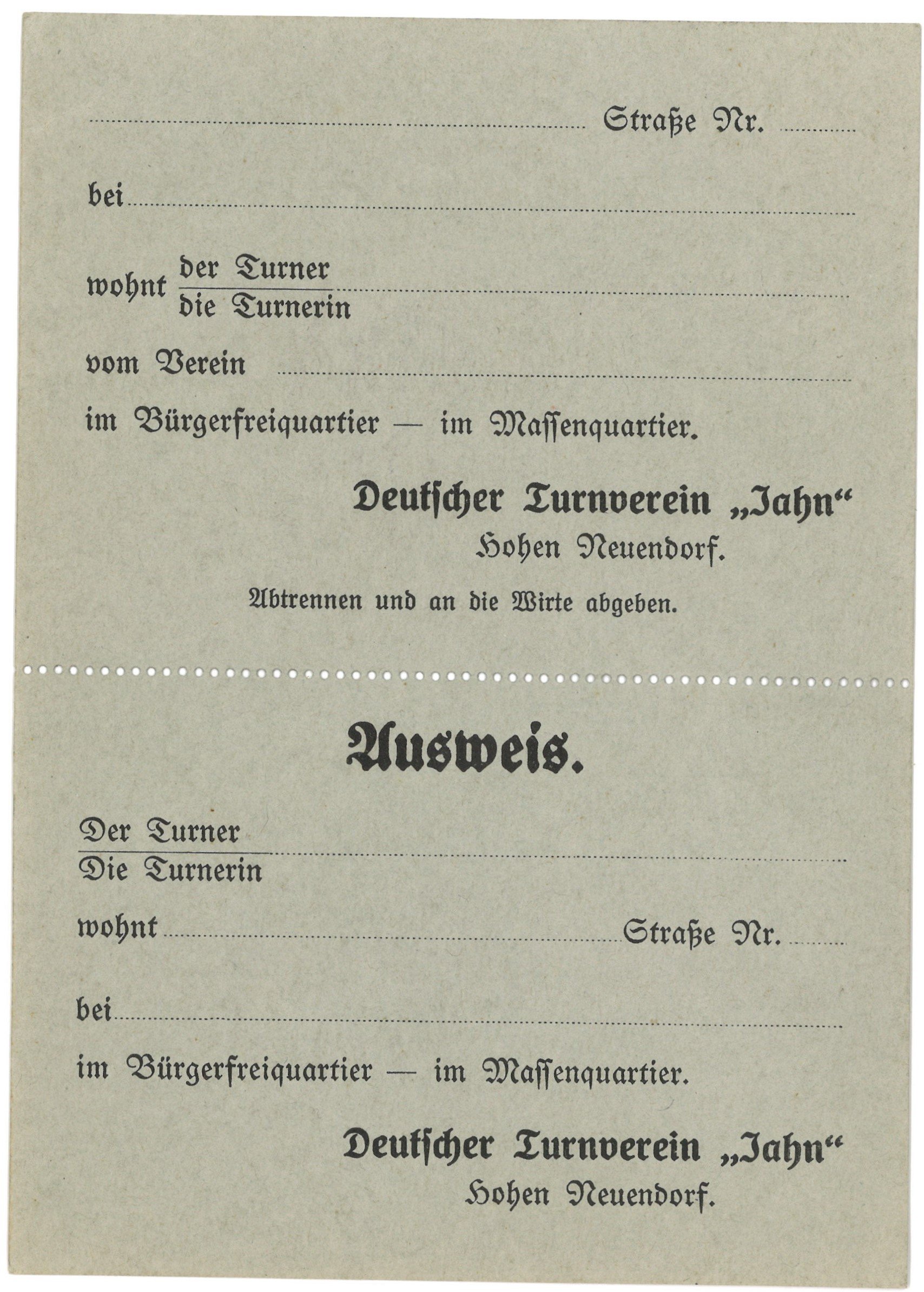 Hohen Neuendorf, Deutscher Turnverein "Jahn": Ausweis (Landesgeschichtliche Vereinigung für die Mark Brandenburg e.V., Archiv CC BY)