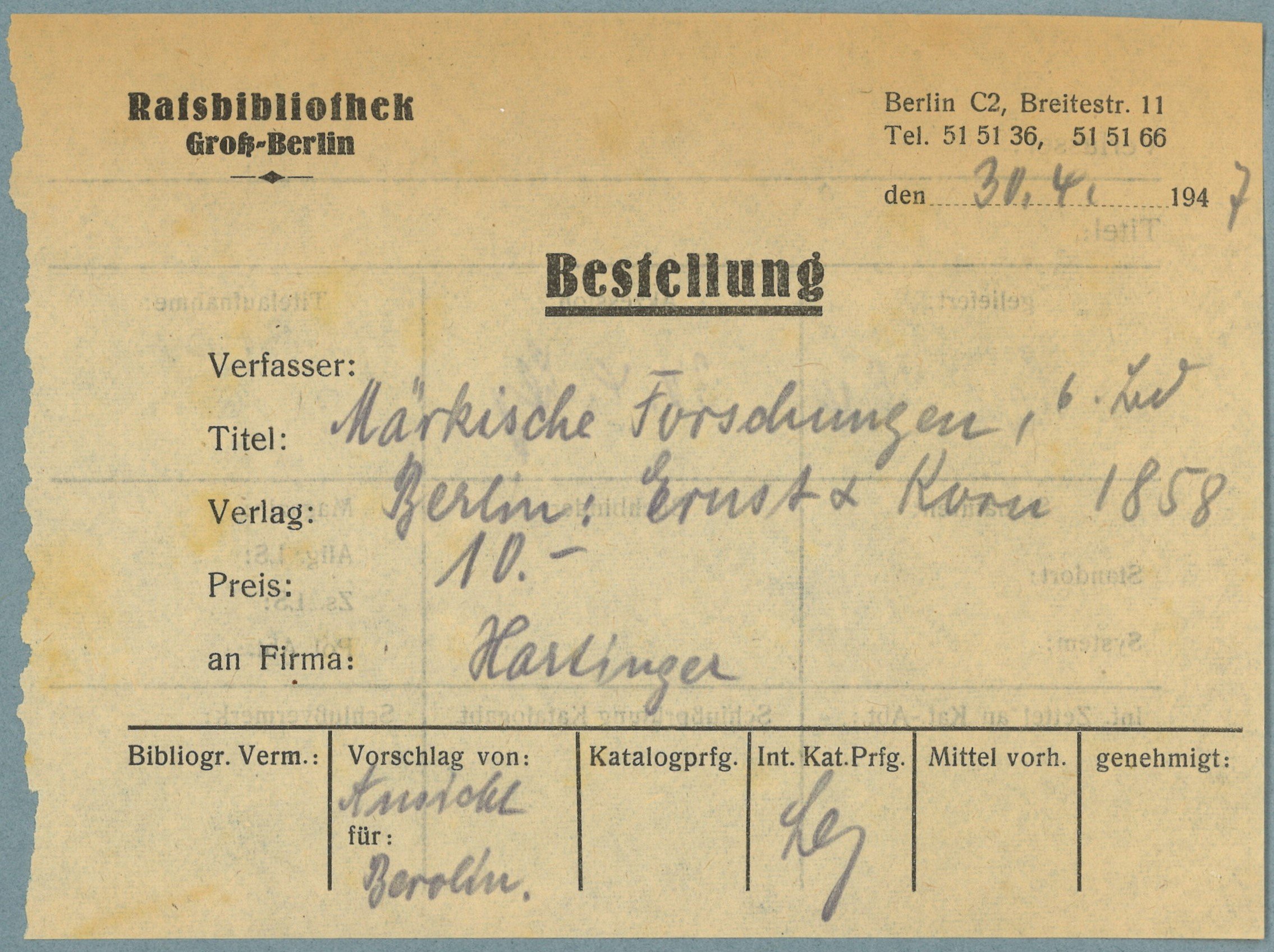 Berlin, Ratsbibliothek: Bestellschein (Landesgeschichtliche Vereinigung für die Mark Brandenburg e.V., Archiv CC BY)