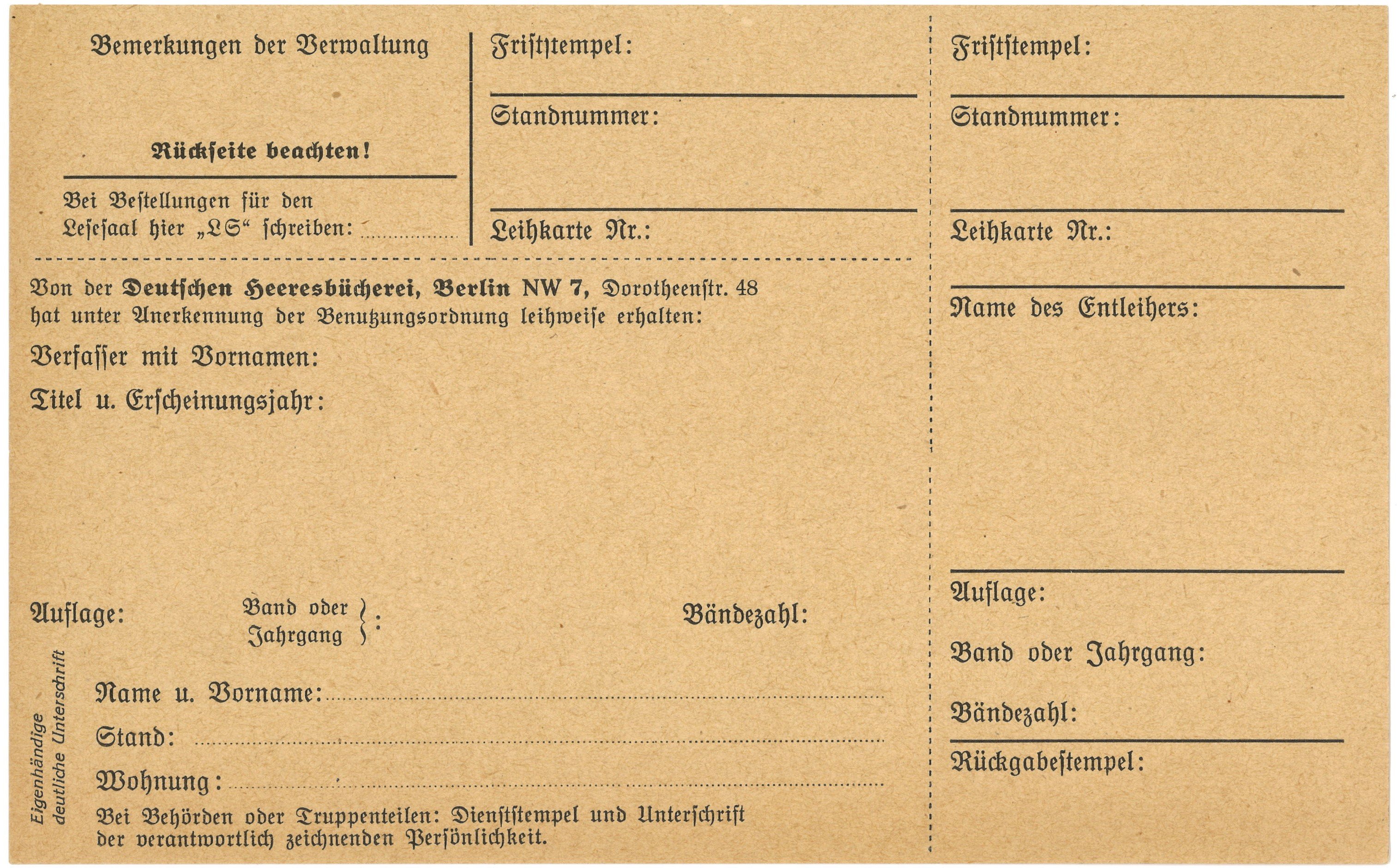 Berlin, Deutsche Heeresbücherei: Leihschein (Landesgeschichtliche Vereinigung für die Mark Brandenburg e.V., Archiv CC BY)
