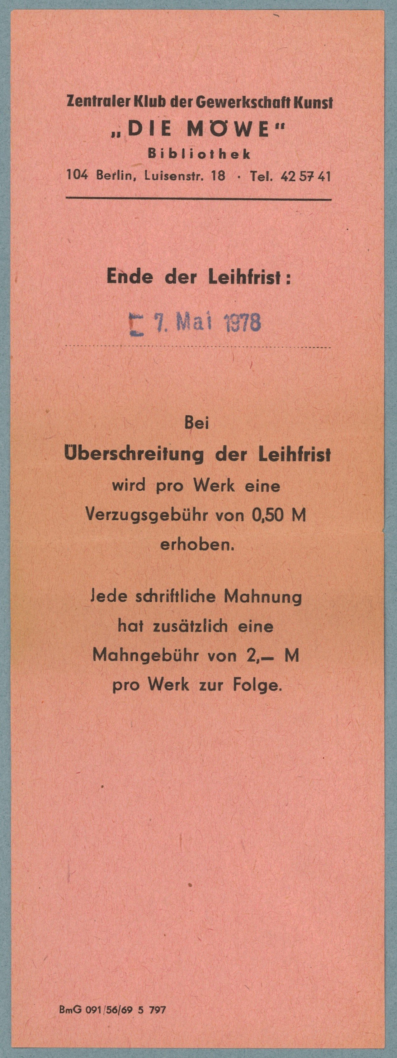 Berlin, Zentraler Klub der Gewerkschaft Kunst "Die Möwe", Bibliothek: Leihzettel (Landesgeschichtliche Vereinigung für die Mark Brandenburg e.V., Archiv CC BY)