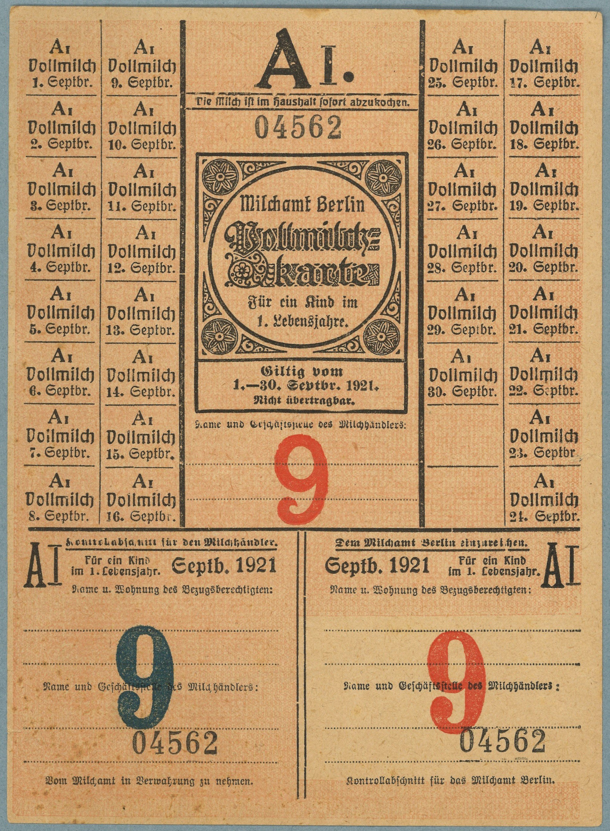Berlin, Milchamt: Vollmilchkarte 1921 (Landesgeschichtliche Vereinigung für die Mark Brandenburg e.V., Archiv CC BY)
