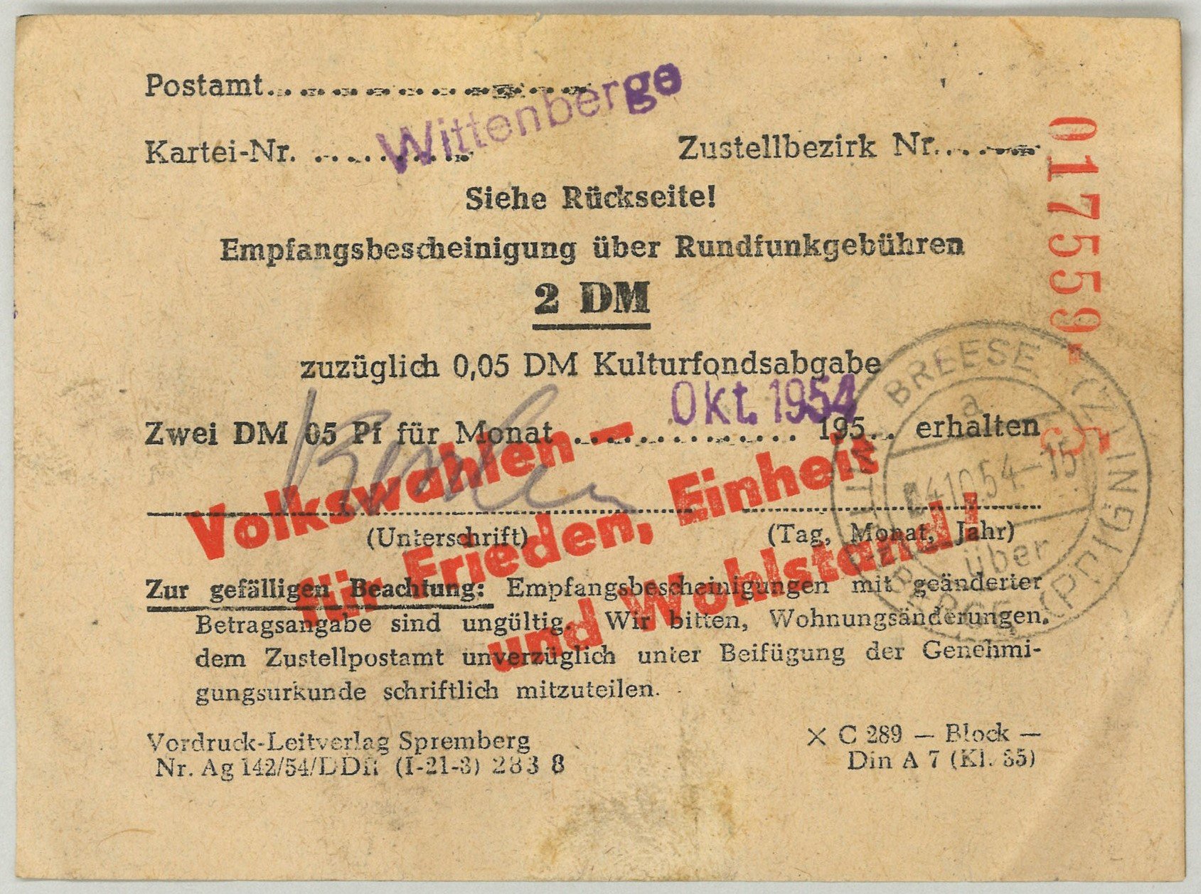 Breese bei Wittenberge, Postamt: Rundfunkgebühren-Quittung (Landesgeschichtliche Vereinigung für die Mark Brandenburg e.V., Archiv CC BY)
