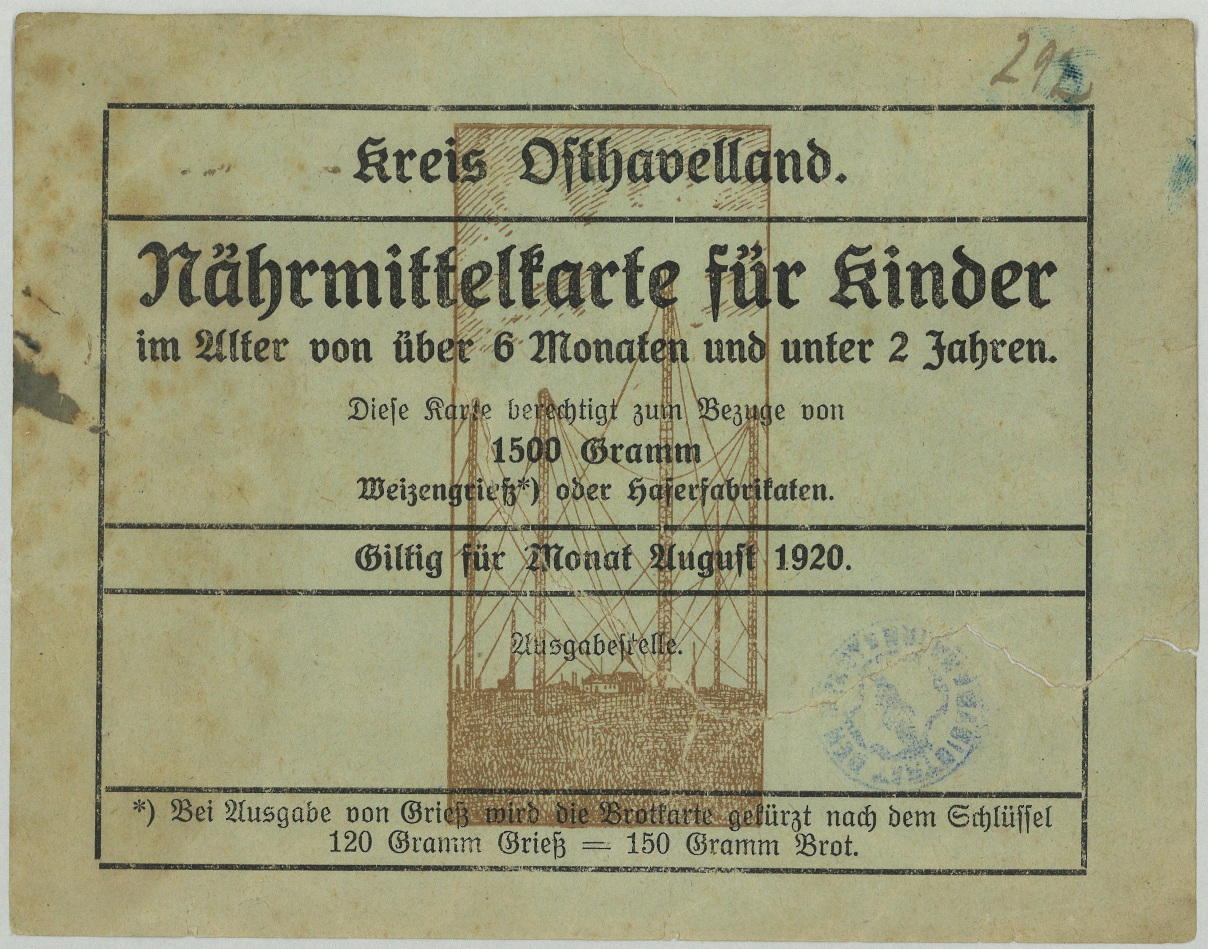 Kreis Osthavelland: Nährmittelkarte für Kinder 1920 (Landesgeschichtliche Vereinigung für die Mark Brandenburg e.V., Archiv CC BY)
