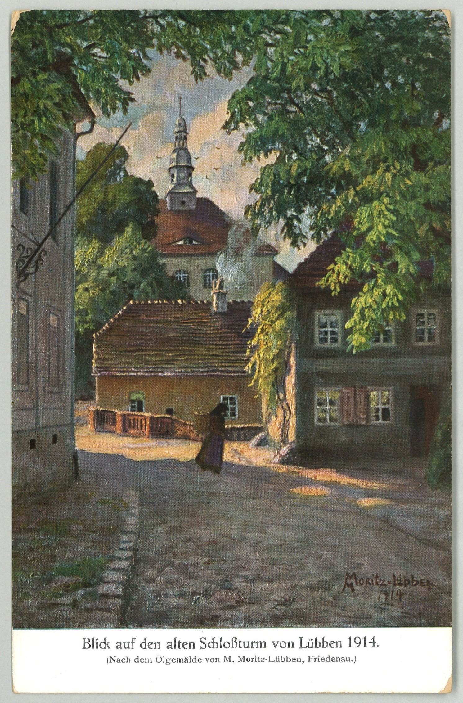 Lübben: Blick auf den alten Schlossturm 1914 (Gemälde von Marie Elisabeth Moritz) (Landesgeschichtliche Vereinigung für die Mark Brandenburg e.V., Archiv CC BY)