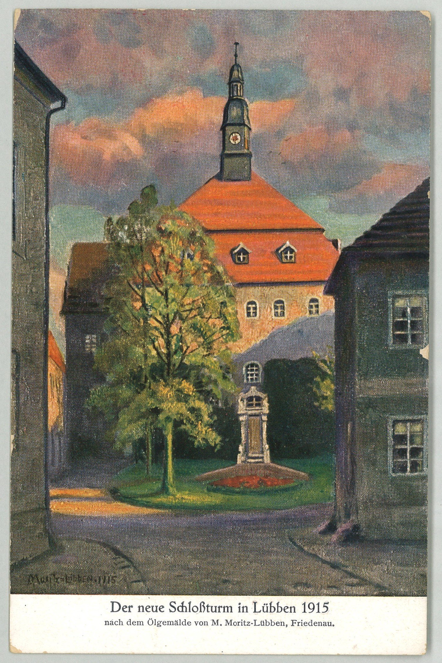 Lübben: Blick auf den neuen Schlossturm 1915 (Gemälde von Marie Elisabeth Moritz) (Landesgeschichtliche Vereinigung für die Mark Brandenburg e.V., Archiv CC BY)