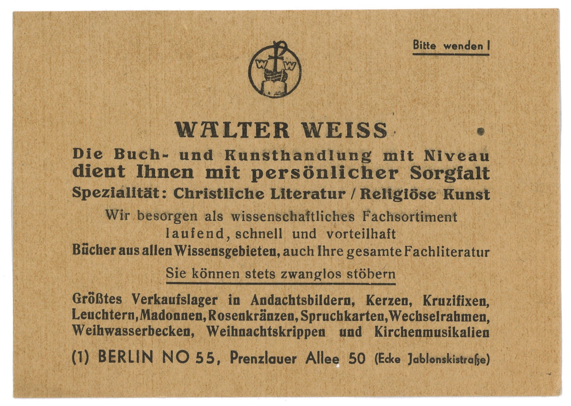Berlin-Prenzlauer Berg: Buch- und Kunsthandlung Walter Weiß (Landesgeschichtliche Vereinigung für die Mark Brandenburg e.V., Archiv CC BY)