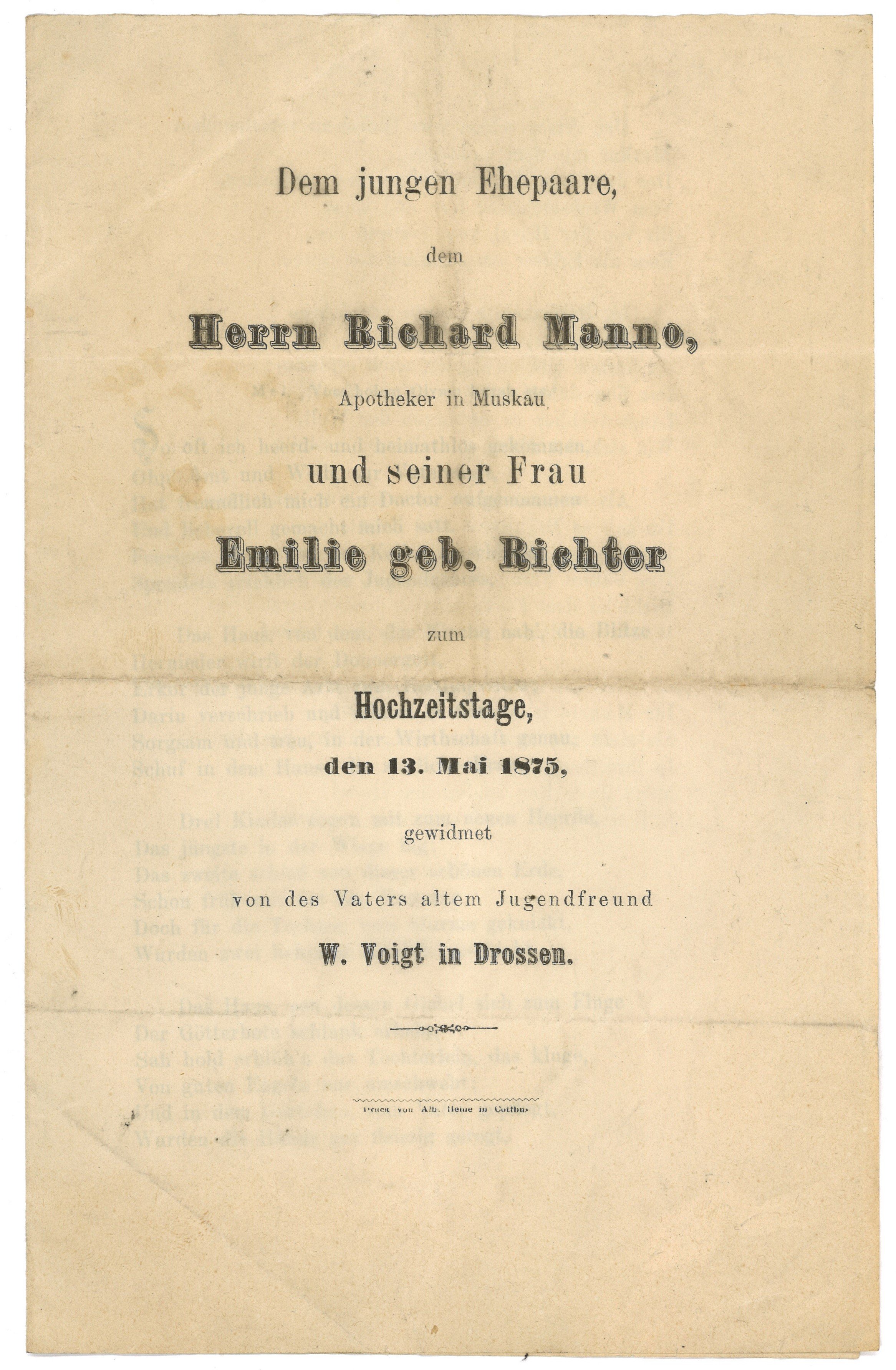 Glückwunschlied von W. Voigt in Drossen zur Hochzeit von Apotheker Richard Manno und Emilie Richter 1875 (Landesgeschichtliche Vereinigung für die Mark Brandenburg e.V., Archiv CC BY)