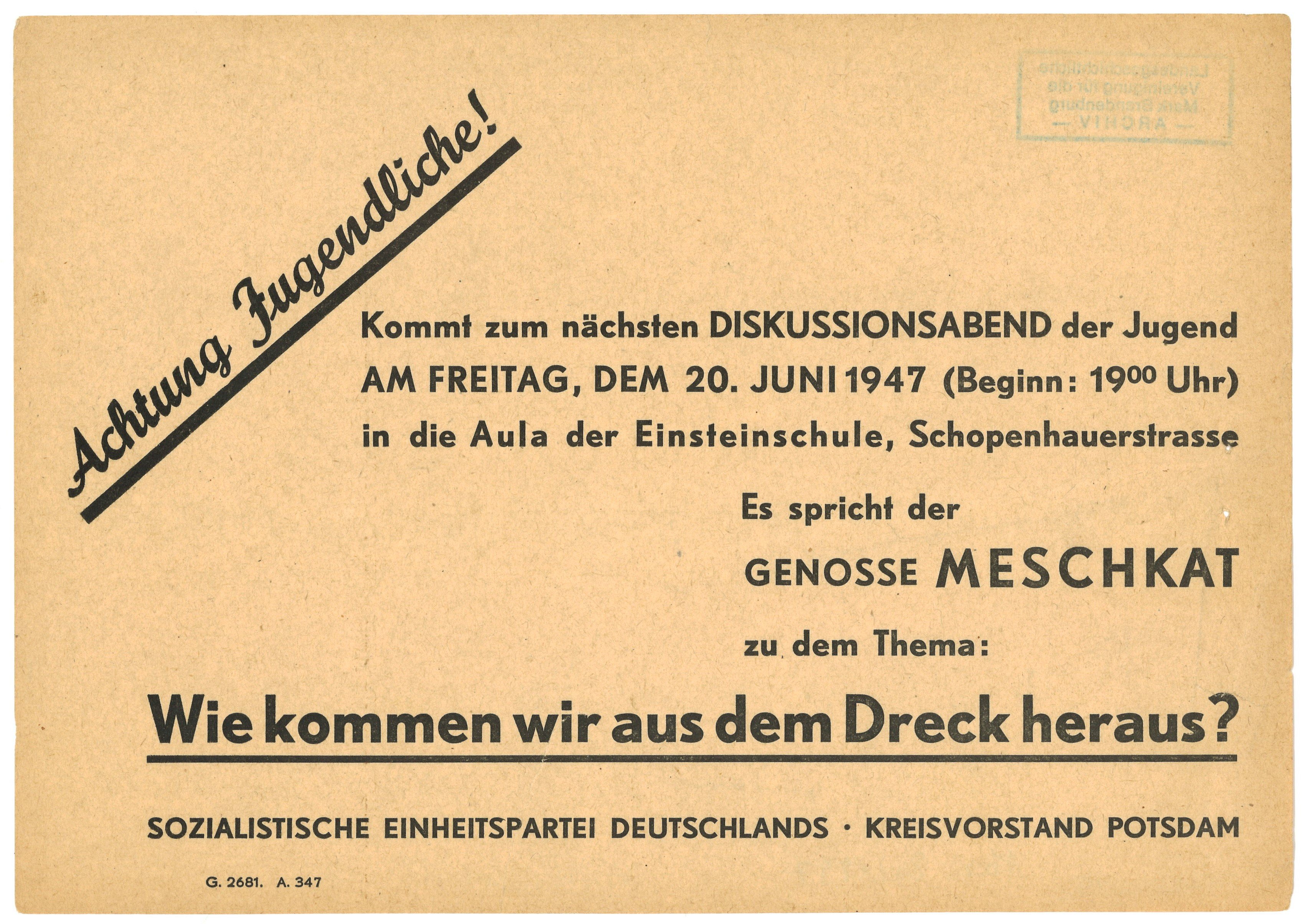 Flugblatt des SED-Kreisvorstandes Potsdam zu einem Vortrag von Richard Meschkat 1947 (Landesgeschichtliche Vereinigung für die Mark Brandenburg e.V., Archiv CC BY)