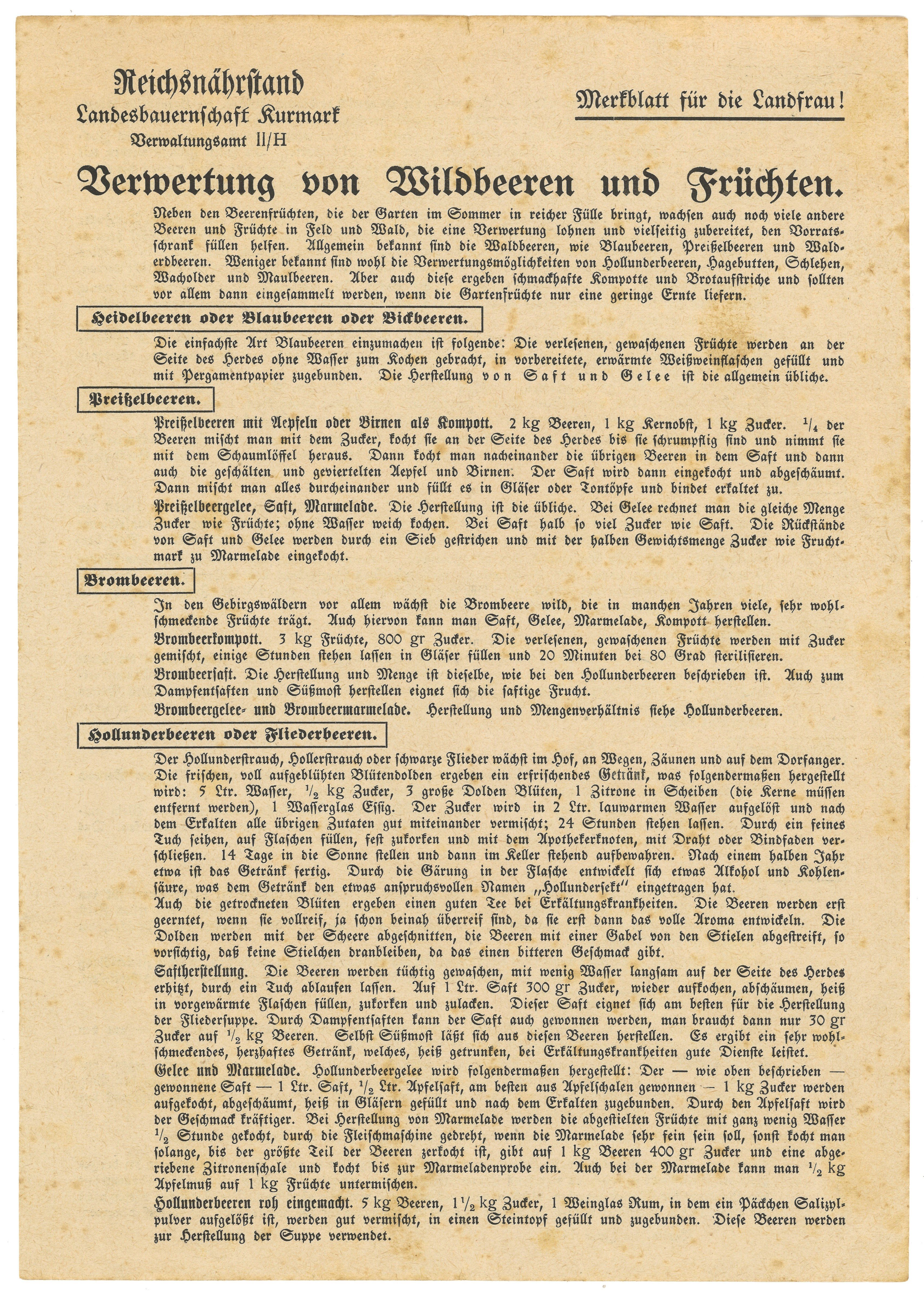 Merkblatt der Landesbauernschaft Kurmark über die Verwertung von Wildbeeren und Früchten (1938) (Landesgeschichtliche Vereinigung für die Mark Brandenburg e.V., Archiv CC BY)