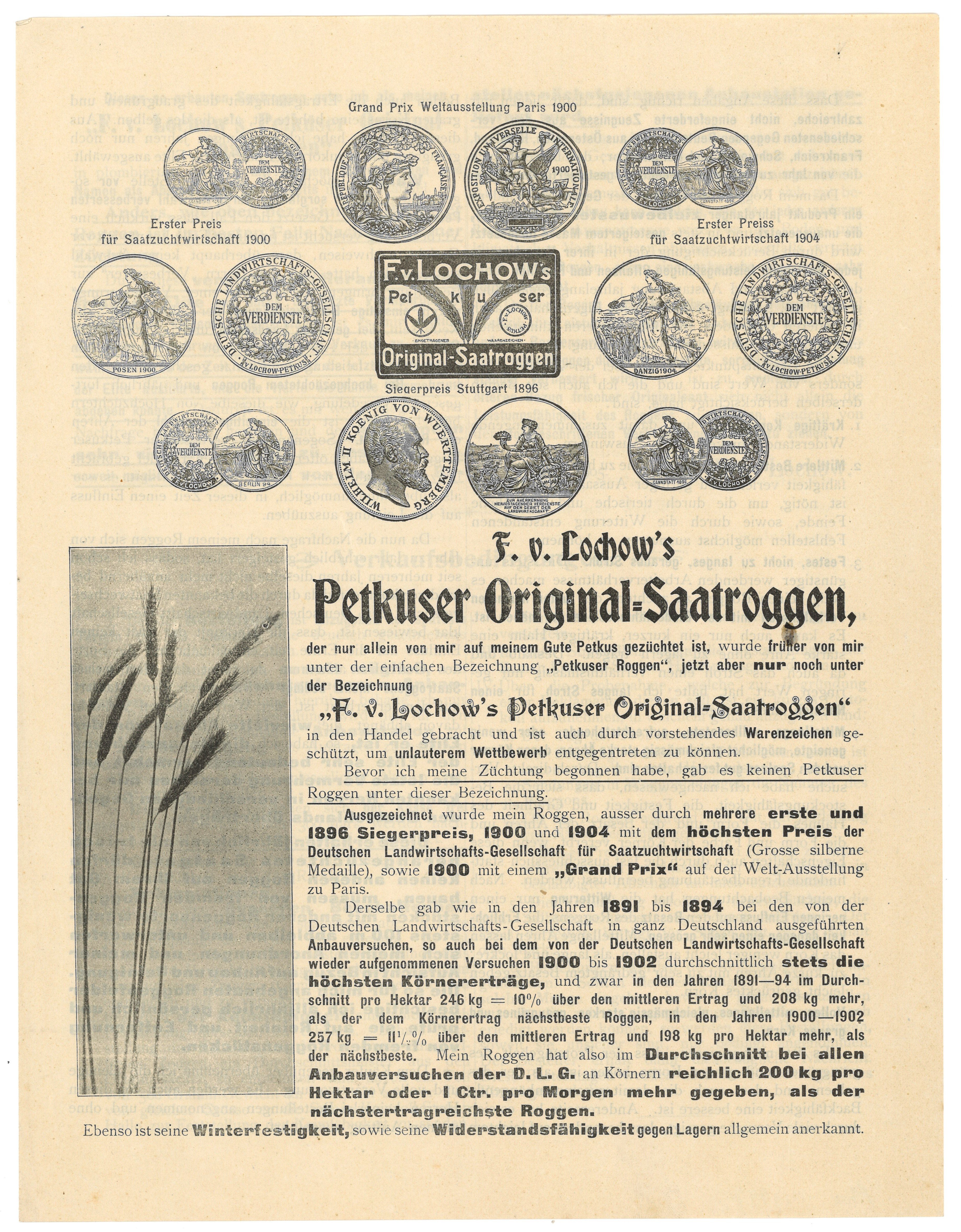 Werbeblatt "F. v. Lochow's Petkuser Original-Saatroggen" (1905) (Landesgeschichtliche Vereinigung für die Mark Brandenburg e.V., Archiv CC BY)
