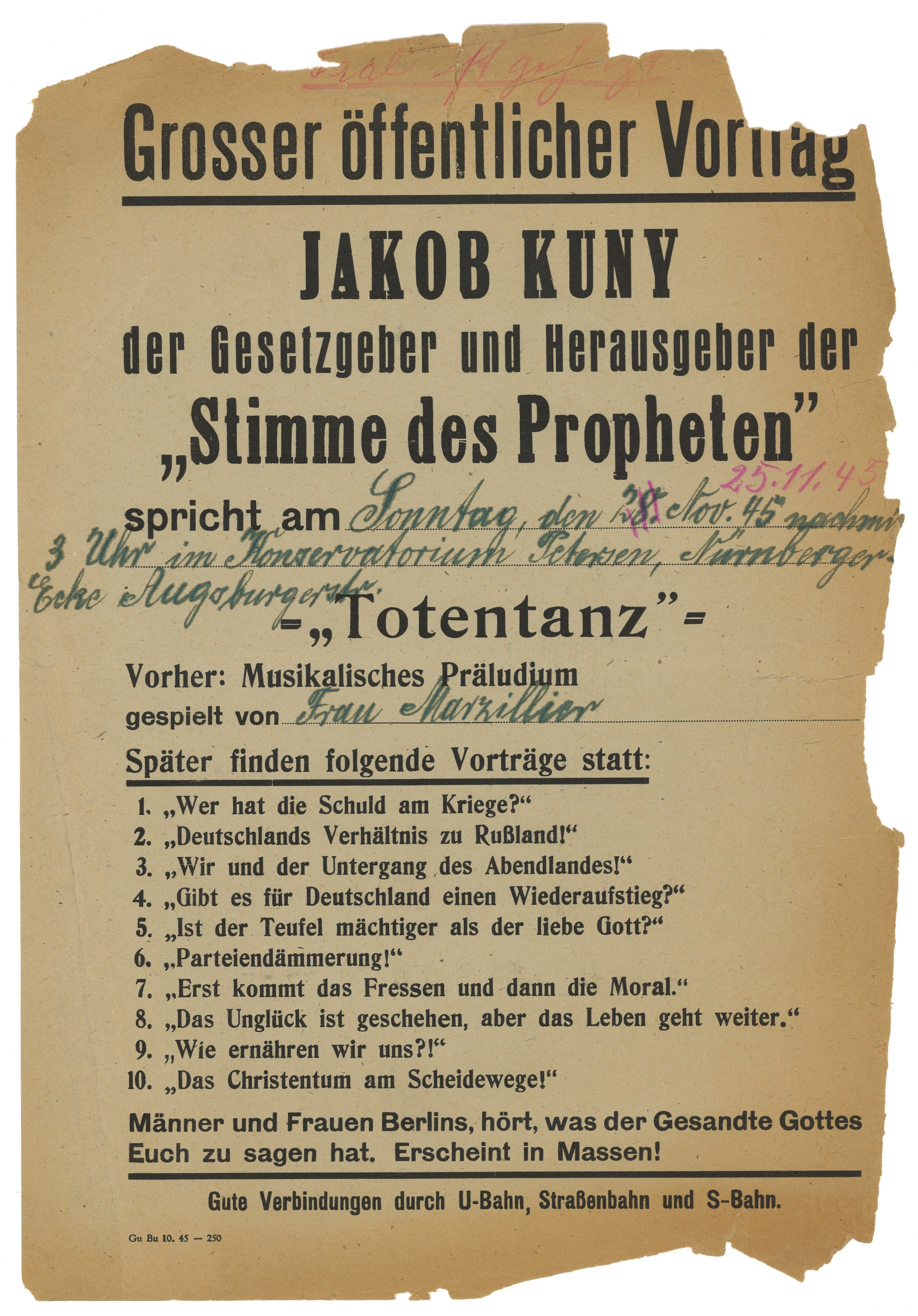 Flugblatt zum Vortrag "Totentanz" von Jakob Kuny in Berlin am 25. November 1945 (Landesgeschichtliche Vereinigung für die Mark Brandenburg e.V., Archiv CC BY)