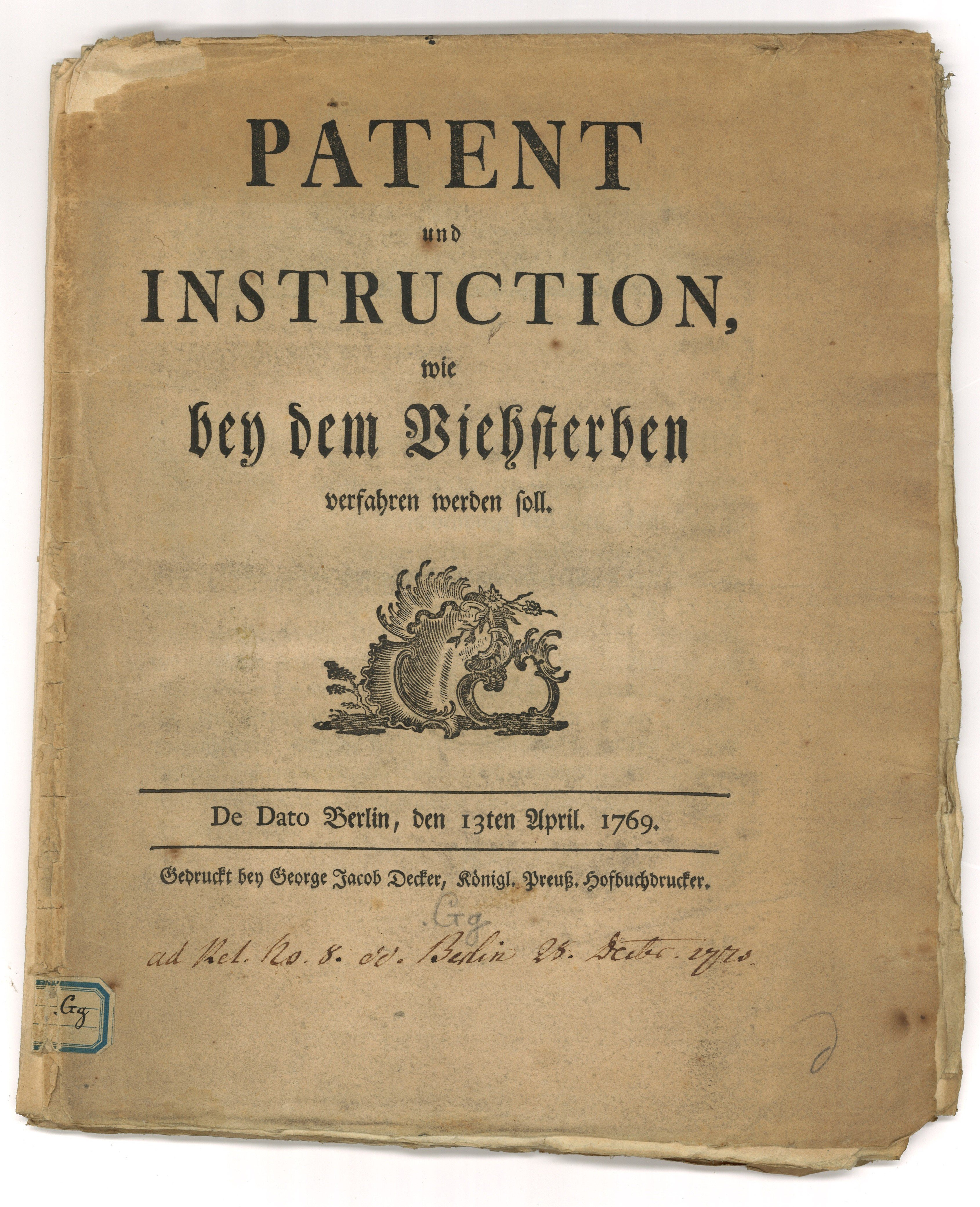 Preußisches Patent und Instruktion zum Verfahren bei Viehsterben (1769) (Landesgeschichtliche Vereinigung für die Mark Brandenburg e.V., Archiv CC BY)