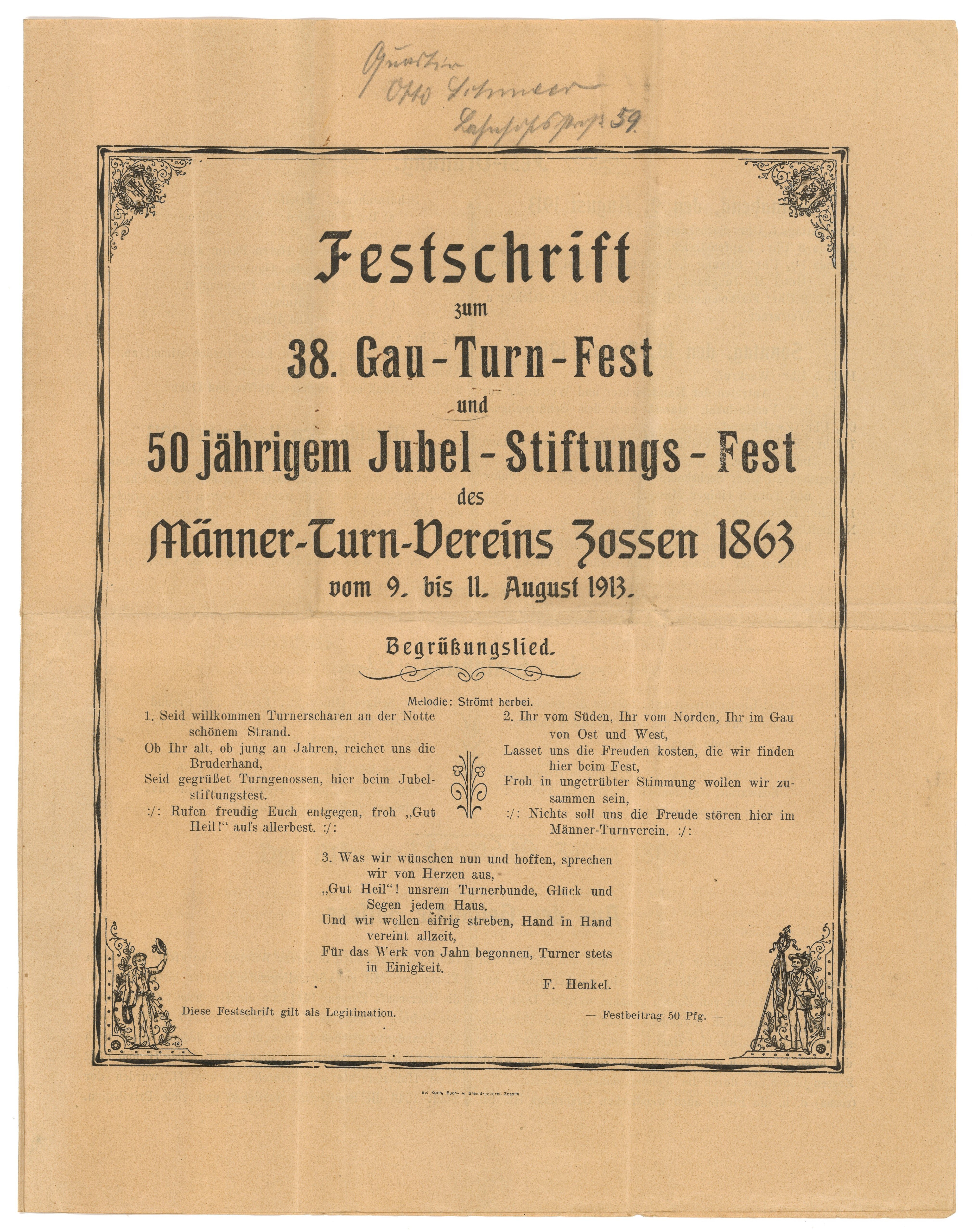 Festschrift zum 38. Gau-Turnfest und 50. Stiftungsfest des Männerturnvereins Zossen (1913) (Landesgeschichtliche Vereinigung für die Mark Brandenburg e.V., Archiv CC BY)