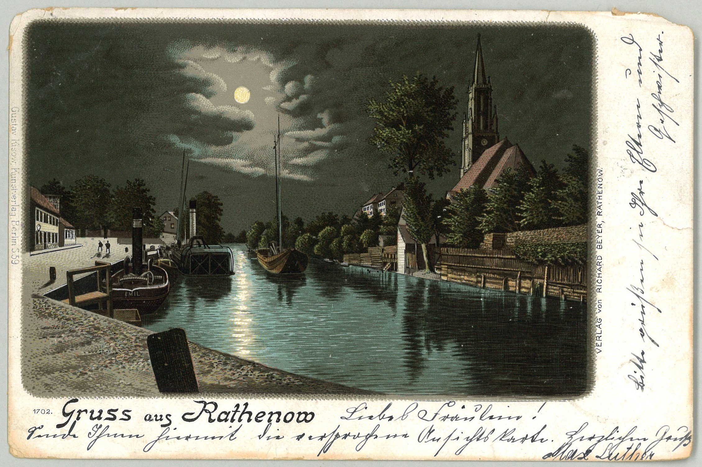 Rathenow: Stadtkanal mit Stadtkirche im Mondlicht (Landesgeschichtliche Vereinigung für die Mark Brandenburg e.V., Archiv CC BY)