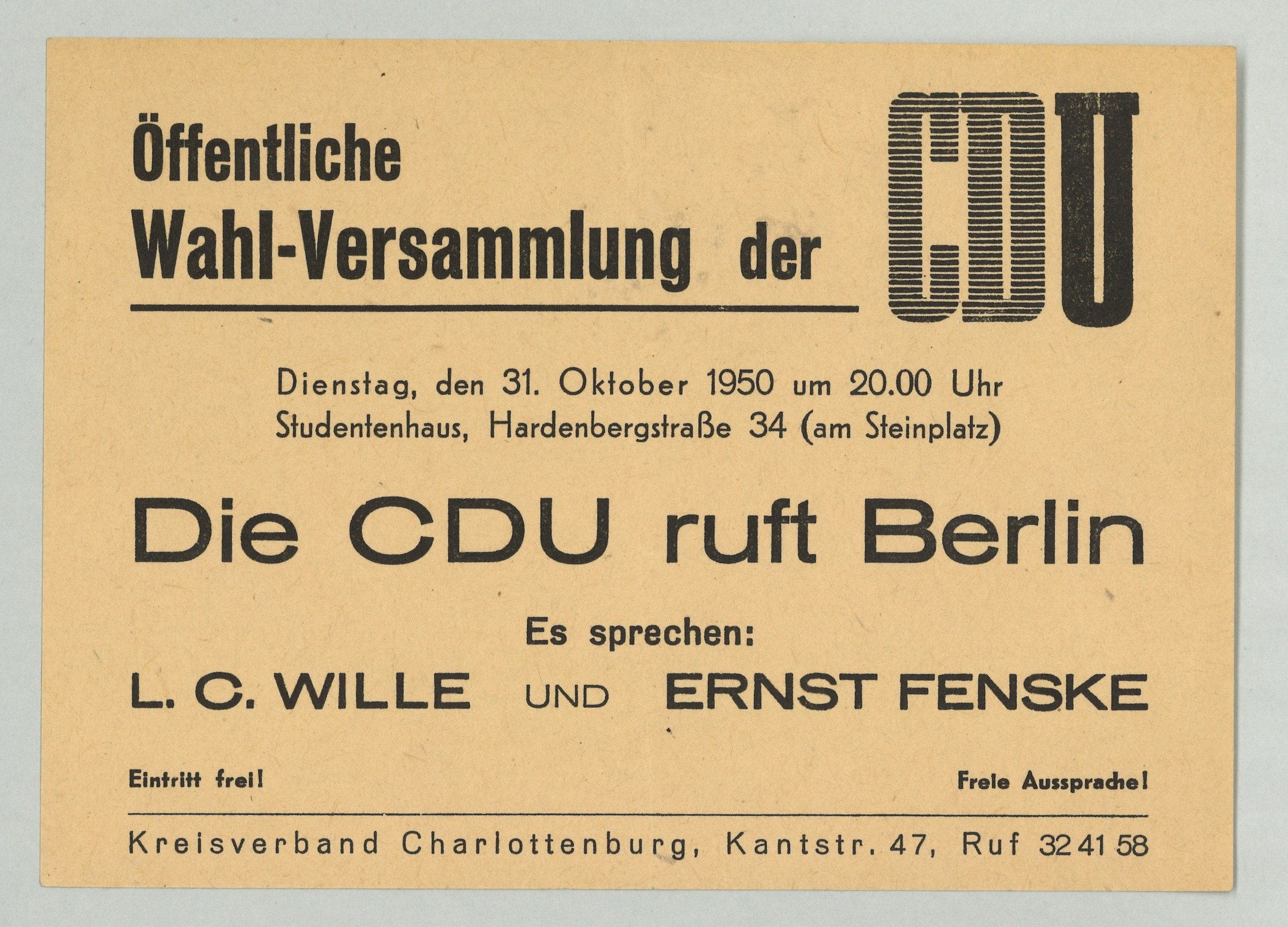 Handzettel zu einer CDU-Wahlversammlung in Berlin-Charlottenburg 1950 (Landesgeschichtliche Vereinigung für die Mark Brandenburg e.V., Archiv CC BY)