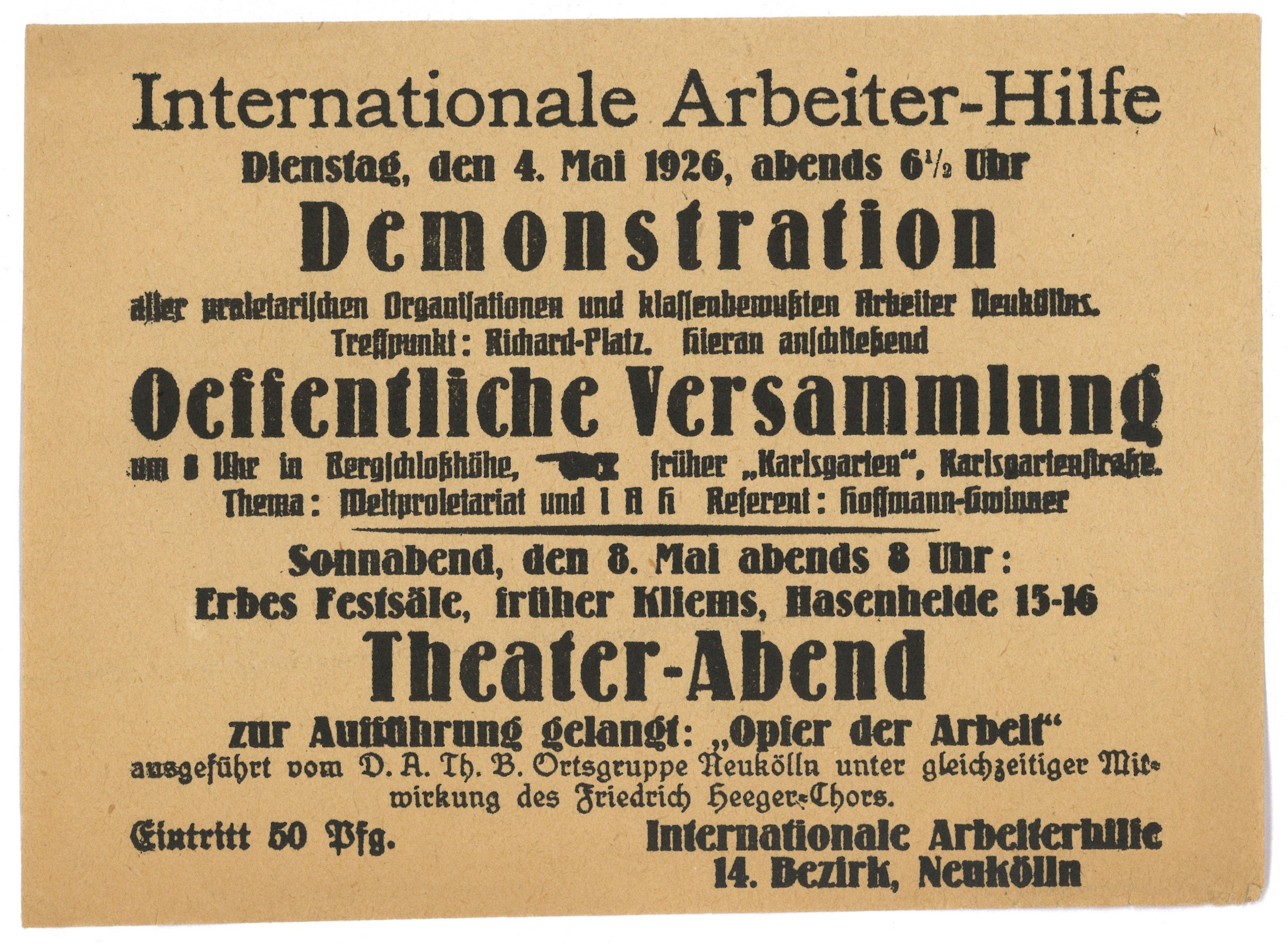 Handzettel mit Veranstaltungsankündigungen der Internationalen Arbeiterhilfe in Berlin-Neukölln 1926 (Landesgeschichtliche Vereinigung für die Mark Brandenburg e.V., Archiv CC BY)