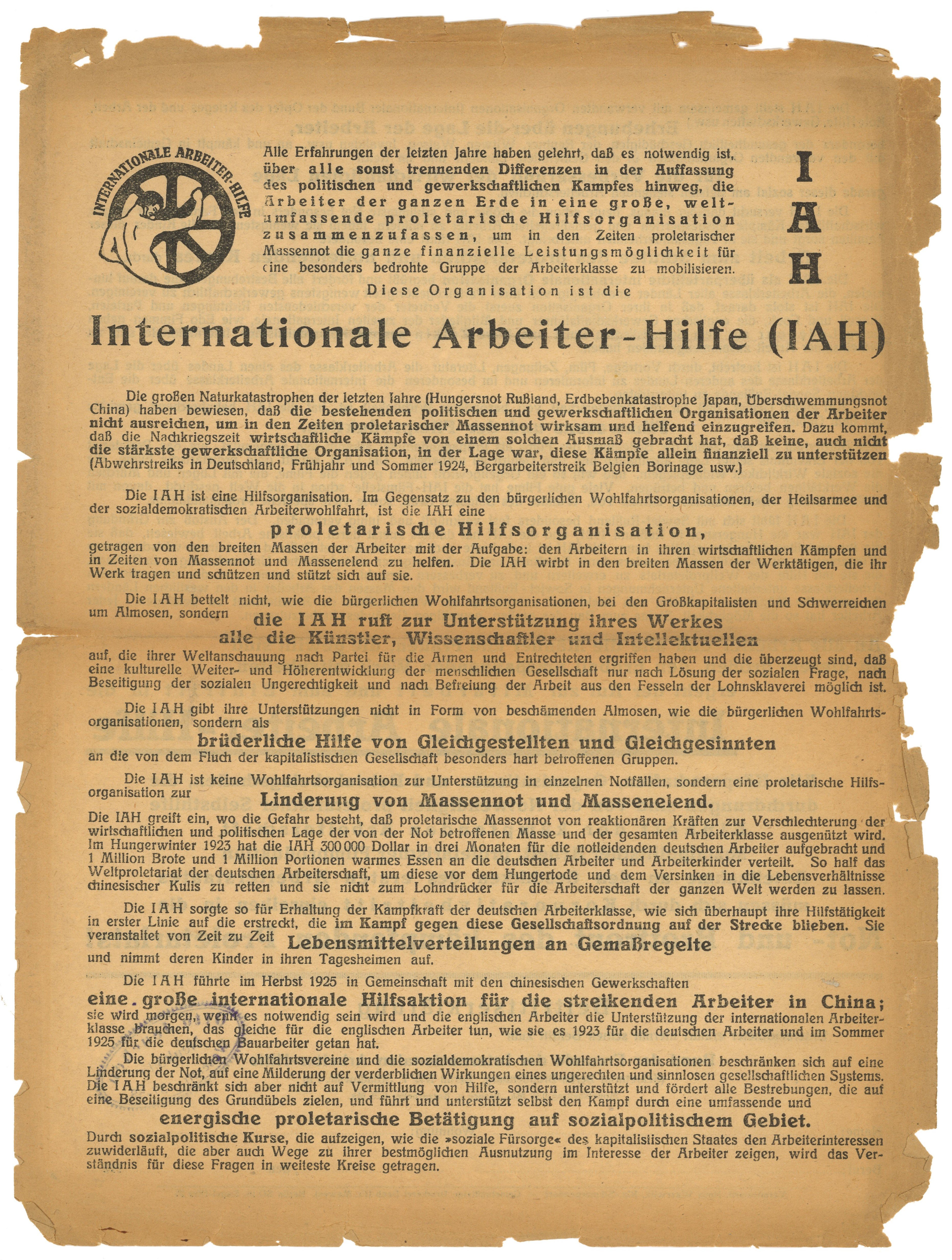 Flugblatt der Internationalen Arbeiterhilfe (IAH) um 1926 (Landesgeschichtliche Vereinigung für die Mark Brandenburg e.V., Archiv CC BY)