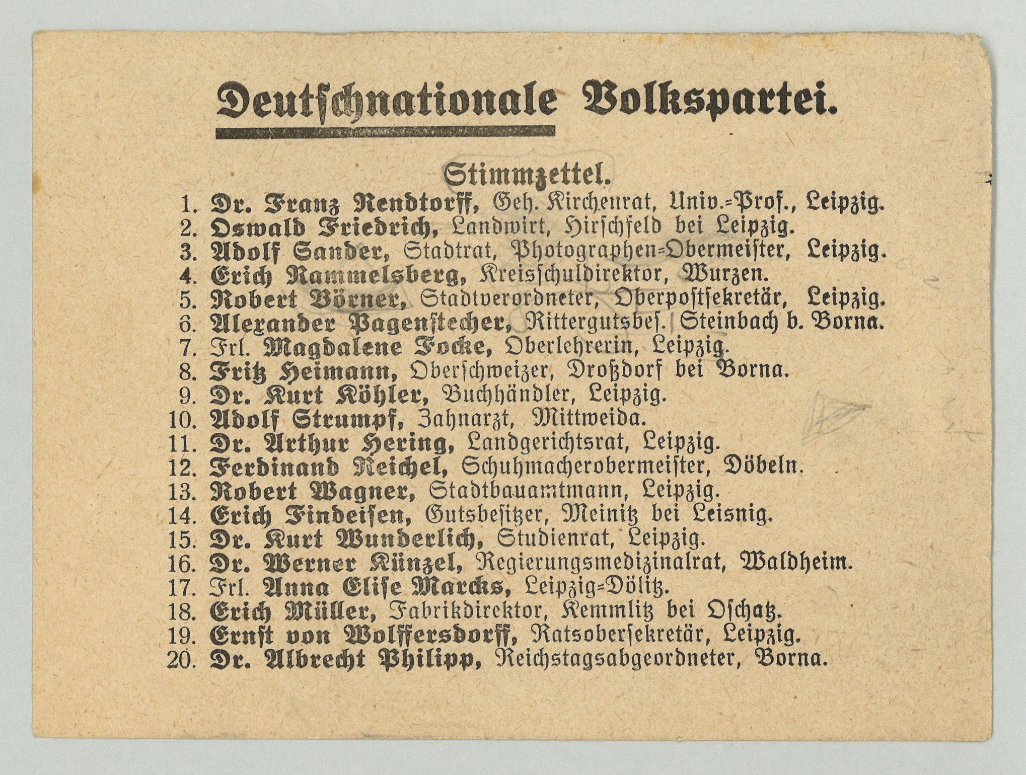 Stimmzettel der DNVP in Sachsen (Landesgeschichtliche Vereinigung für die Mark Brandenburg e.V., Archiv CC BY)