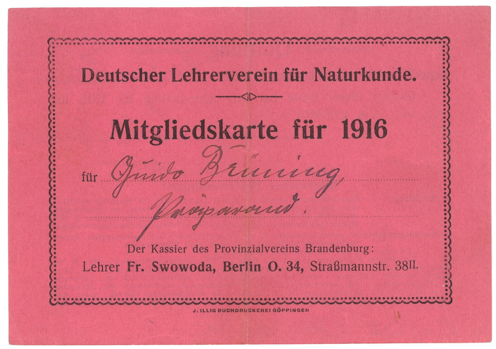 Mitgliedskarte des Deutschen Lehrervereins für Naturkunde für Guido Brüning 1916 (Landesgeschichtliche Vereinigung für die Mark Brandenburg e.V., Archiv CC BY)