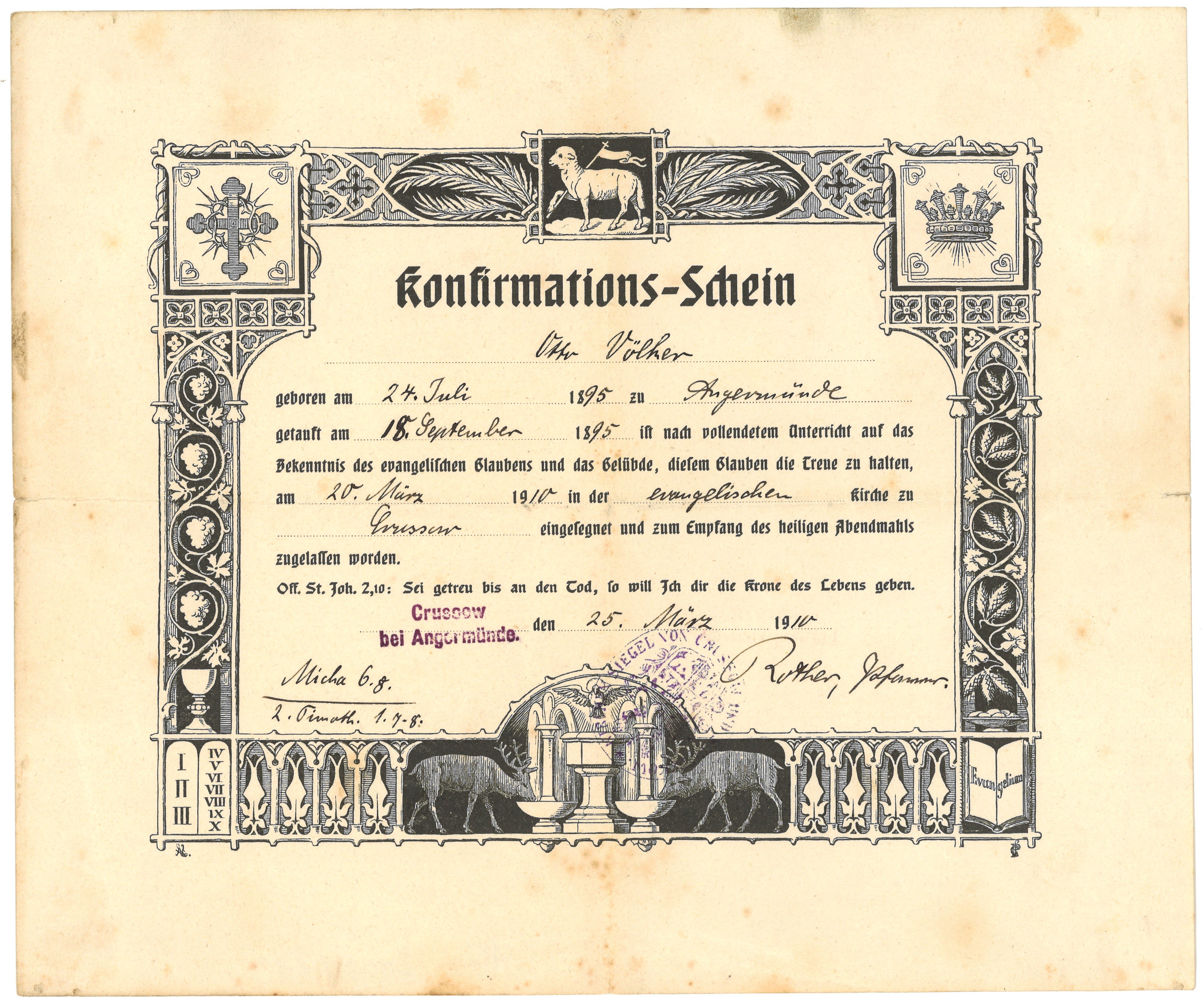 Konfirmationsschein für Otto Völker in Crussow bei Angermünde (1910) (Landesgeschichtliche Vereinigung für die Mark Brandenburg e.V., Archiv CC BY)
