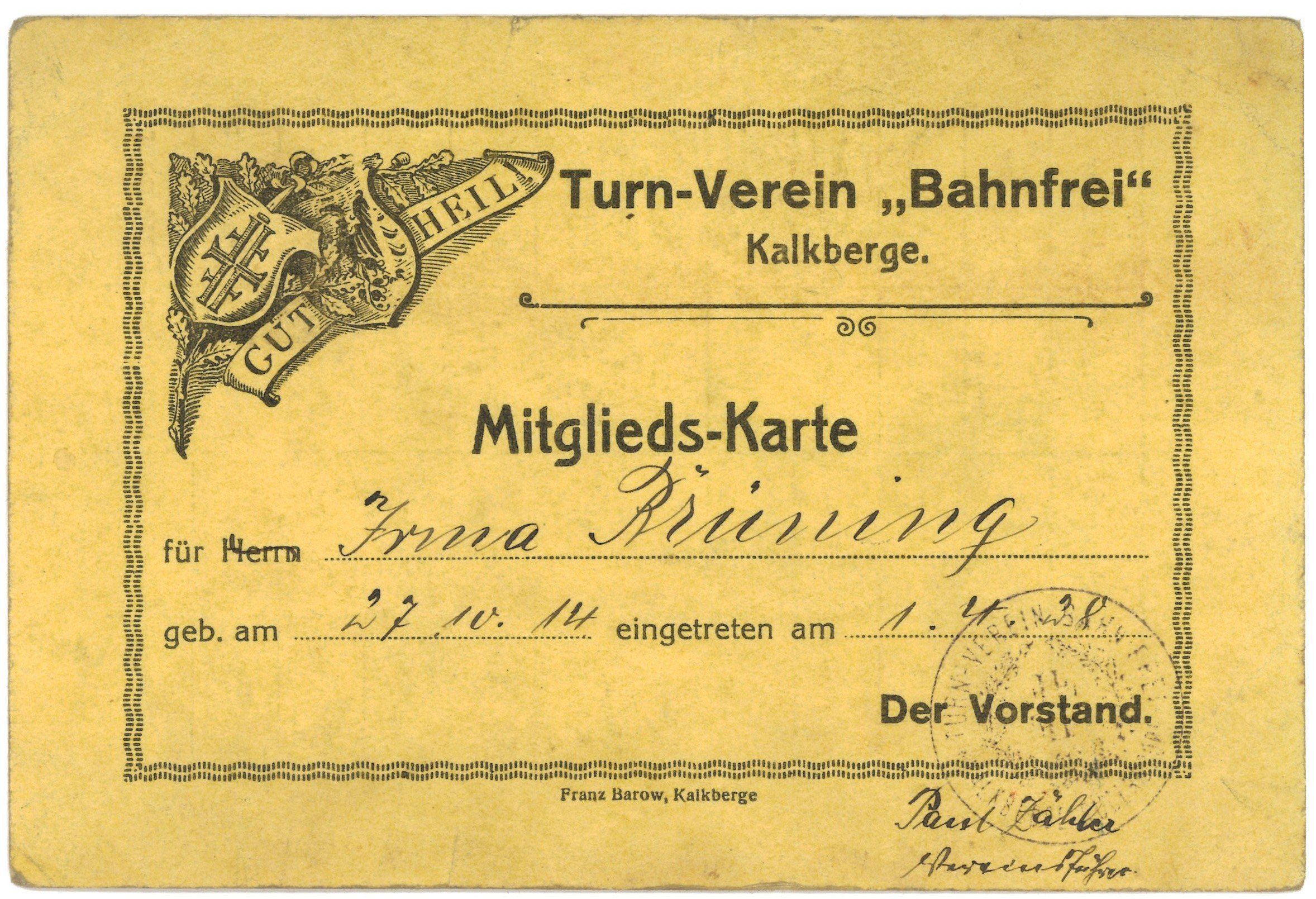 Mitgliedskarte des Turn-Vereins "Bahnfrei" in Kalkberge für Irma Brüning (Landesgeschichtliche Vereinigung für die Mark Brandenburg e.V., Archiv CC BY)